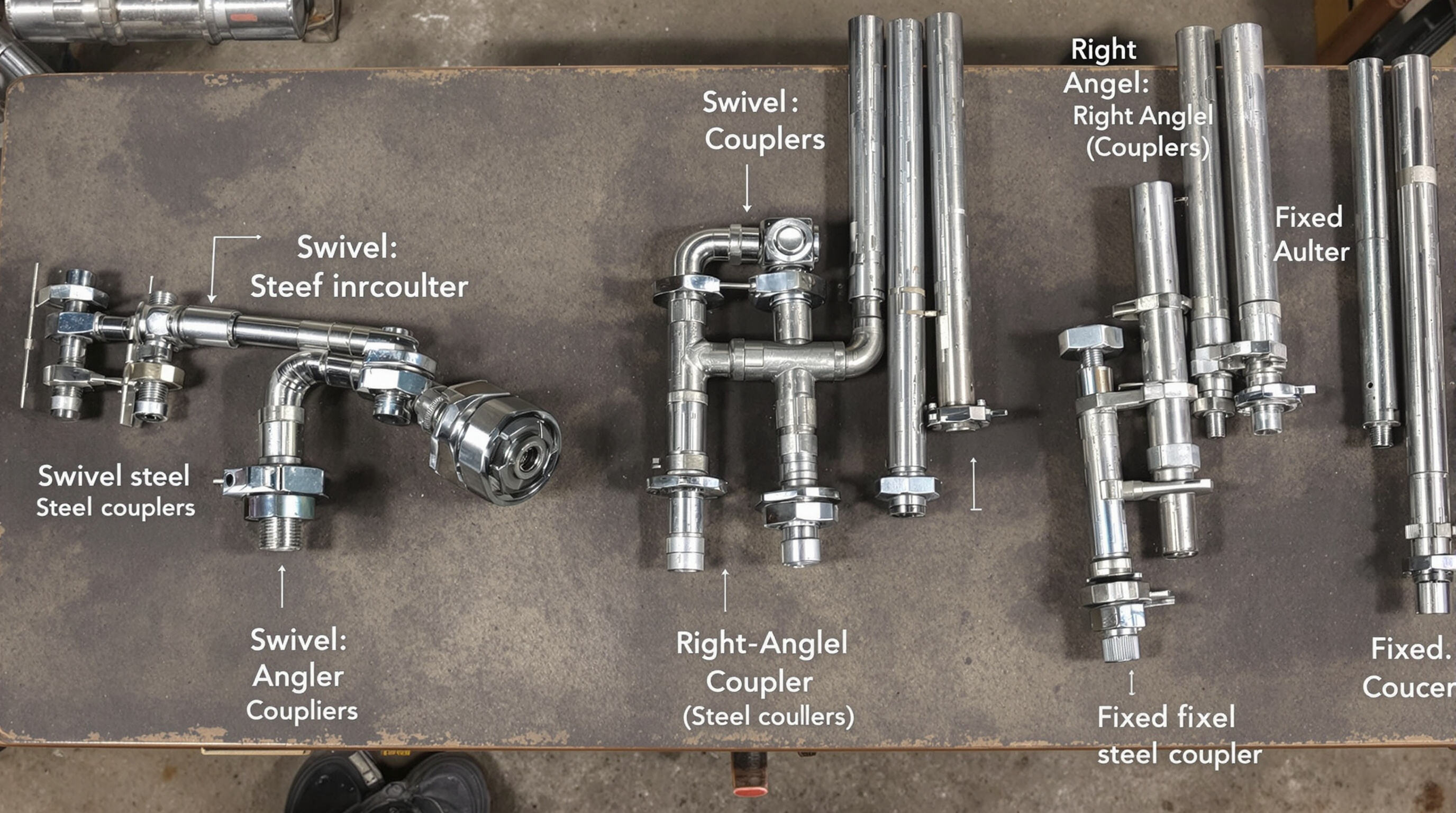 Overhead view of swivel, right-angle, and fixed scaffolding couplers with steel tubes on a workbench