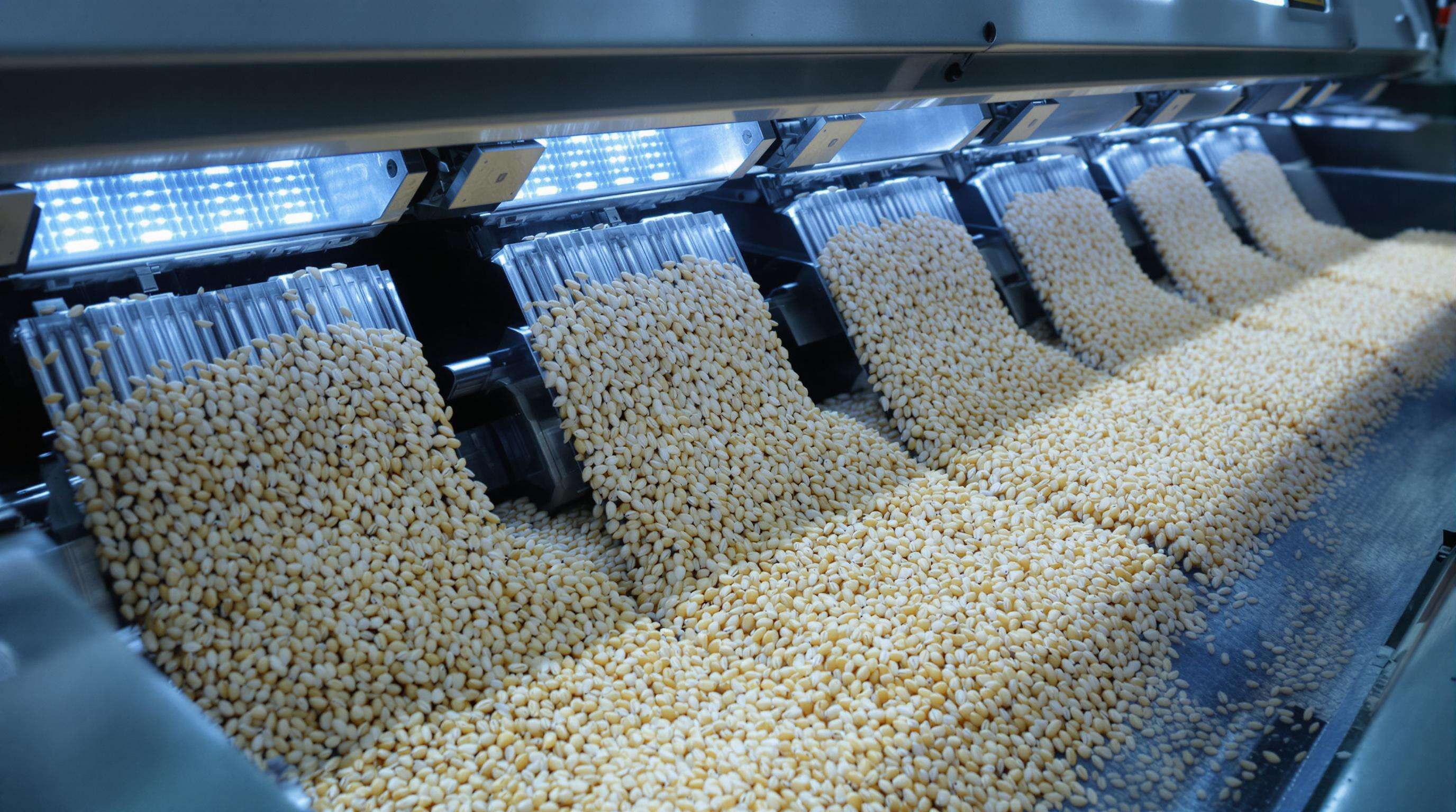 Close-up of a rice color sorter machine with cameras and conveyor belts illuminated by LED lights, inspecting rice grains.