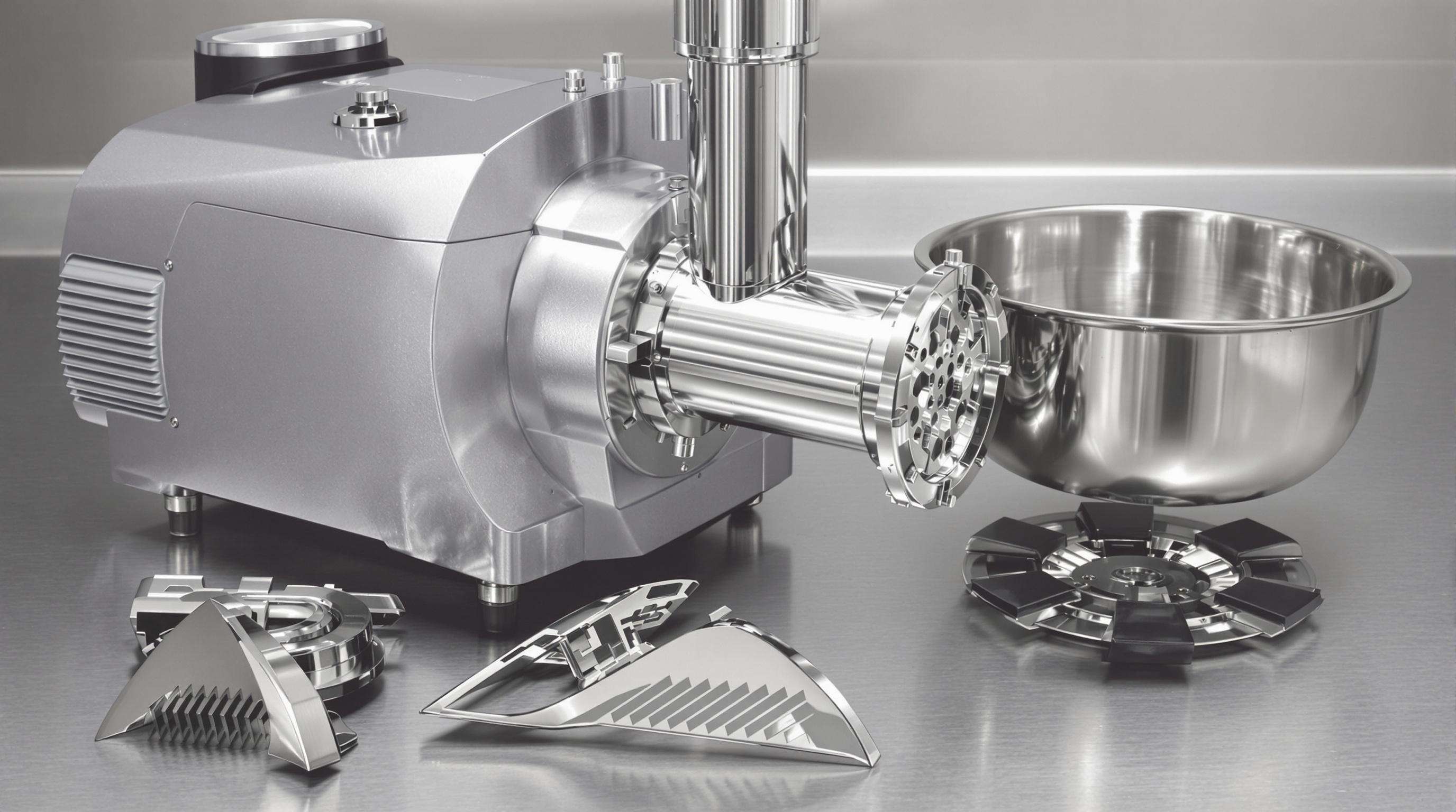 Detailed parts of a commercial meat chopper machine including motor, bowl, and blades