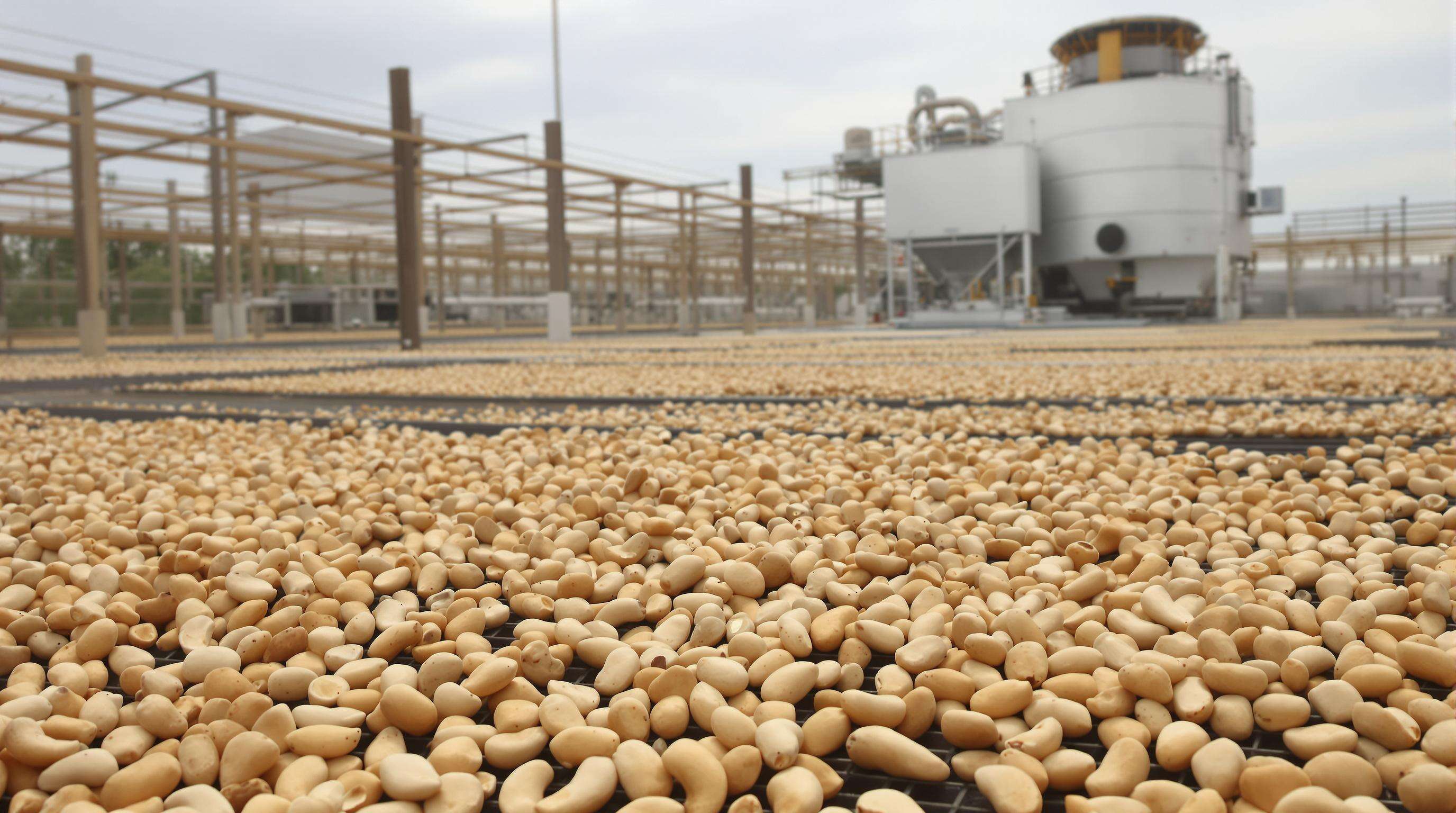 Cashew nuts drying on racks outdoors with a mechanical dryer in the background
