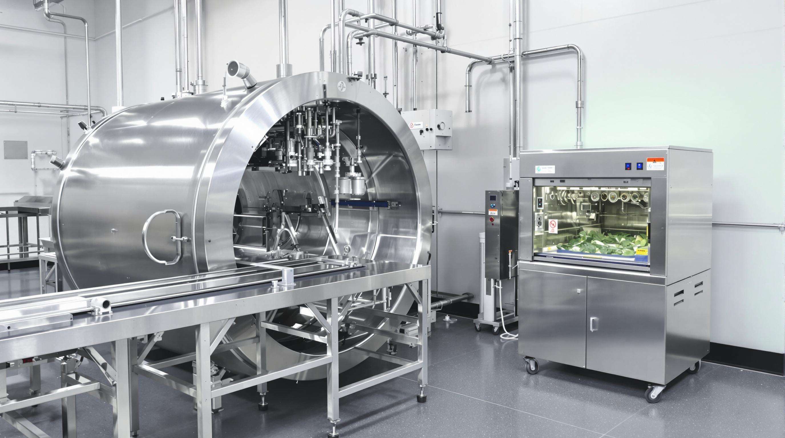 Industrial tunnel vegetable washer next to a compact commercial countertop washer in a modern processing facility