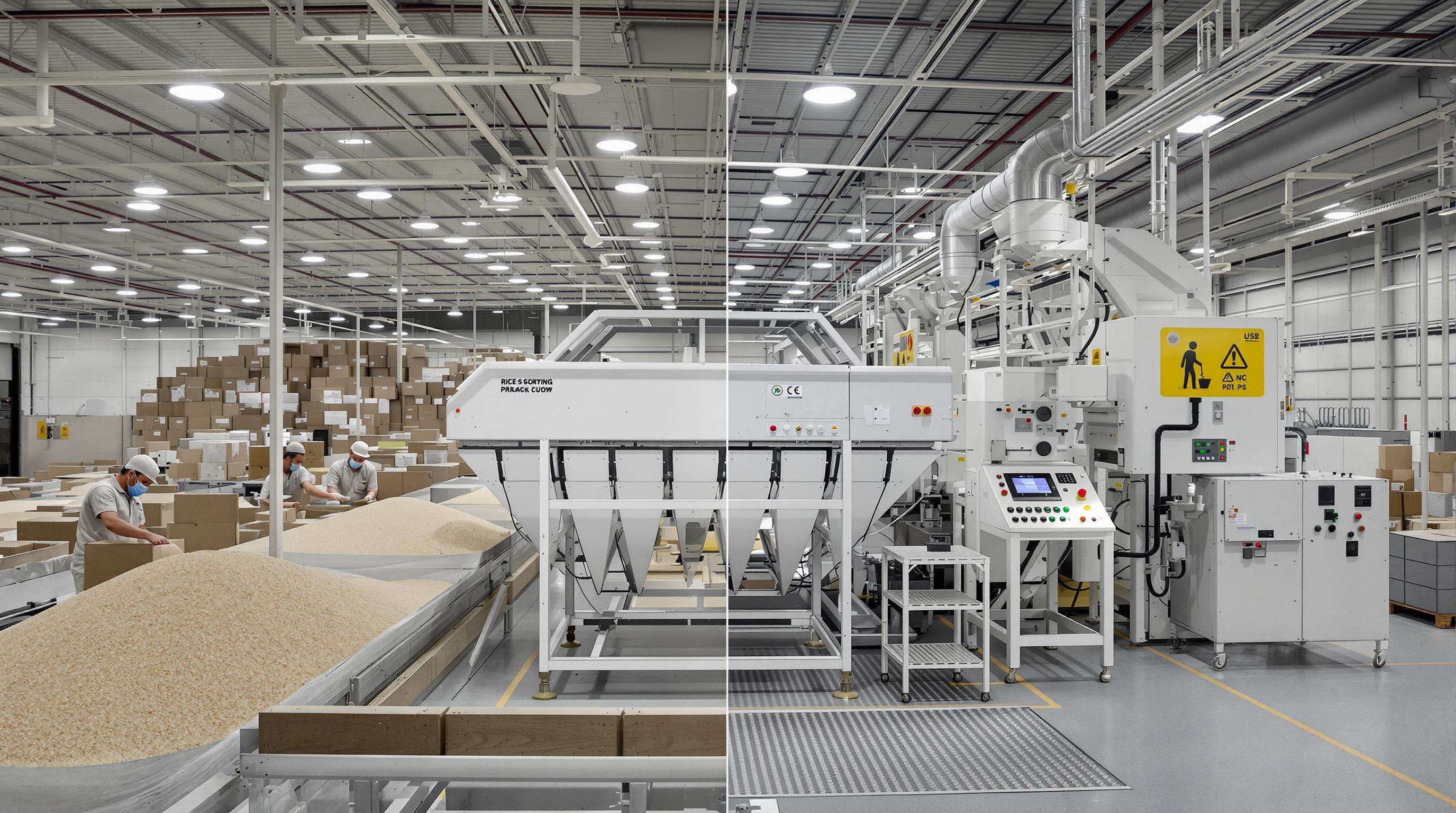A rice processing facility with workers sorting rice by hand on one side and an automated rice color sorter machine operating on the other.