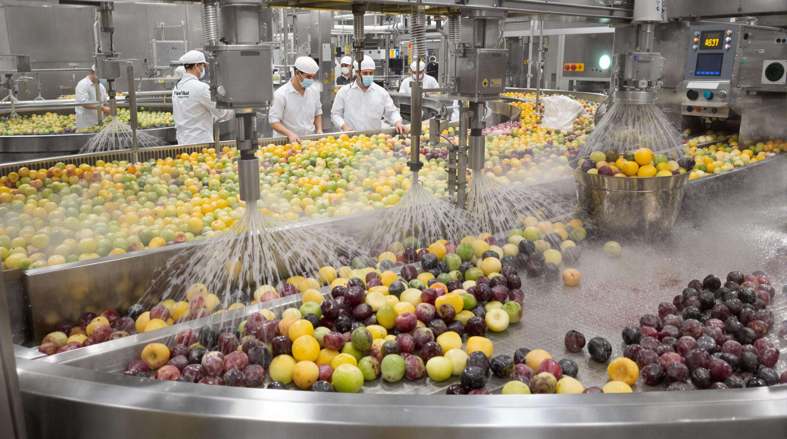 Mixed fruits being inspected and cleaned on a modern processing line with automated systems and workers