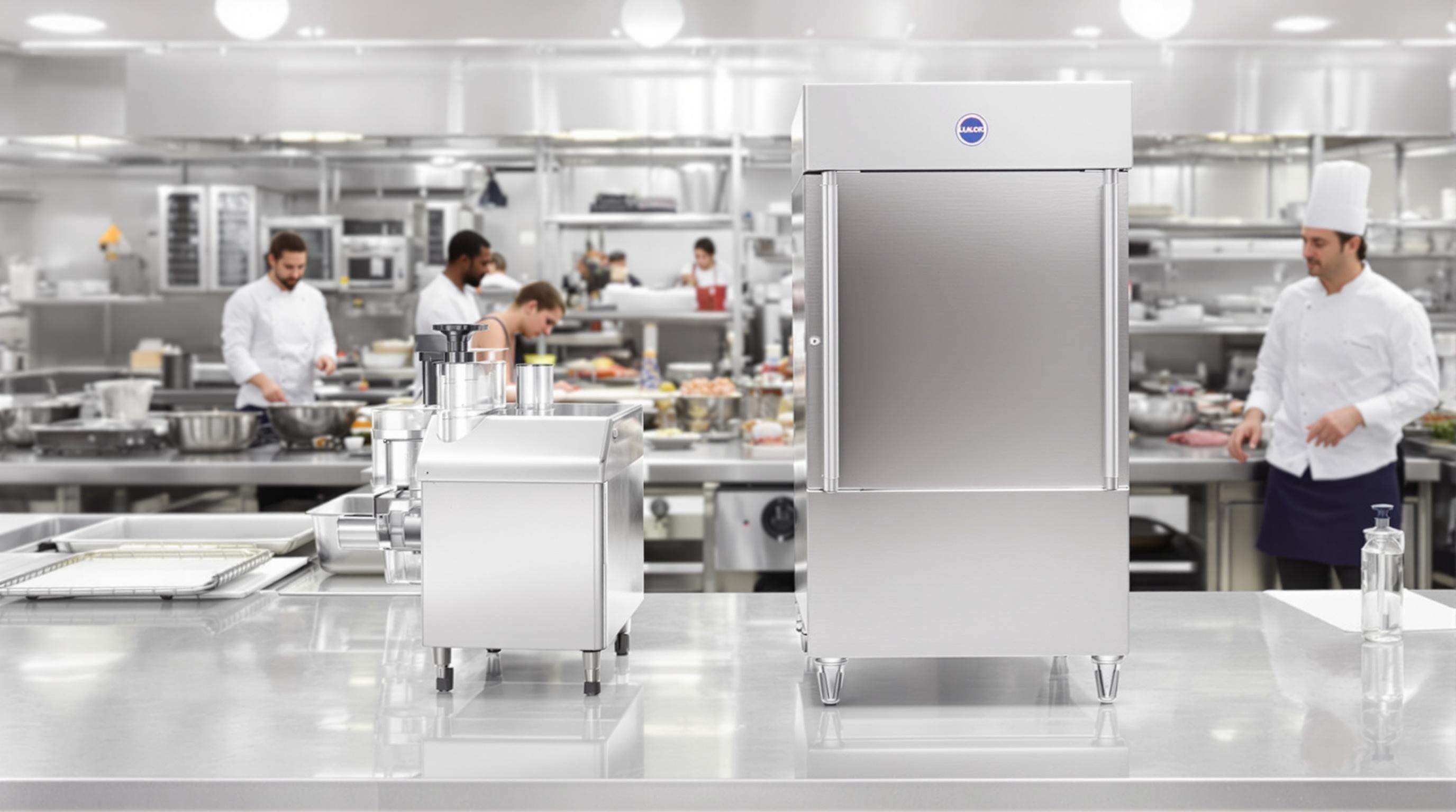 Countertop and floor-standing meat chopper machines in a busy commercial kitchen