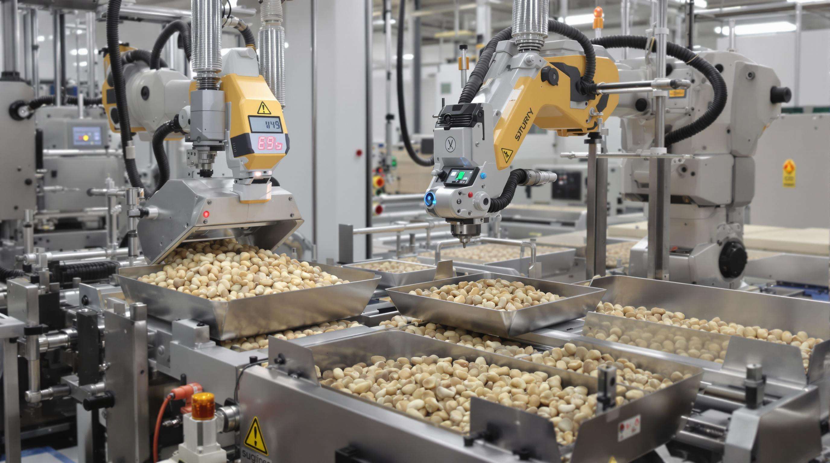 Modern cashew factory with machine vision cameras and robotic arms processing cashew nuts
