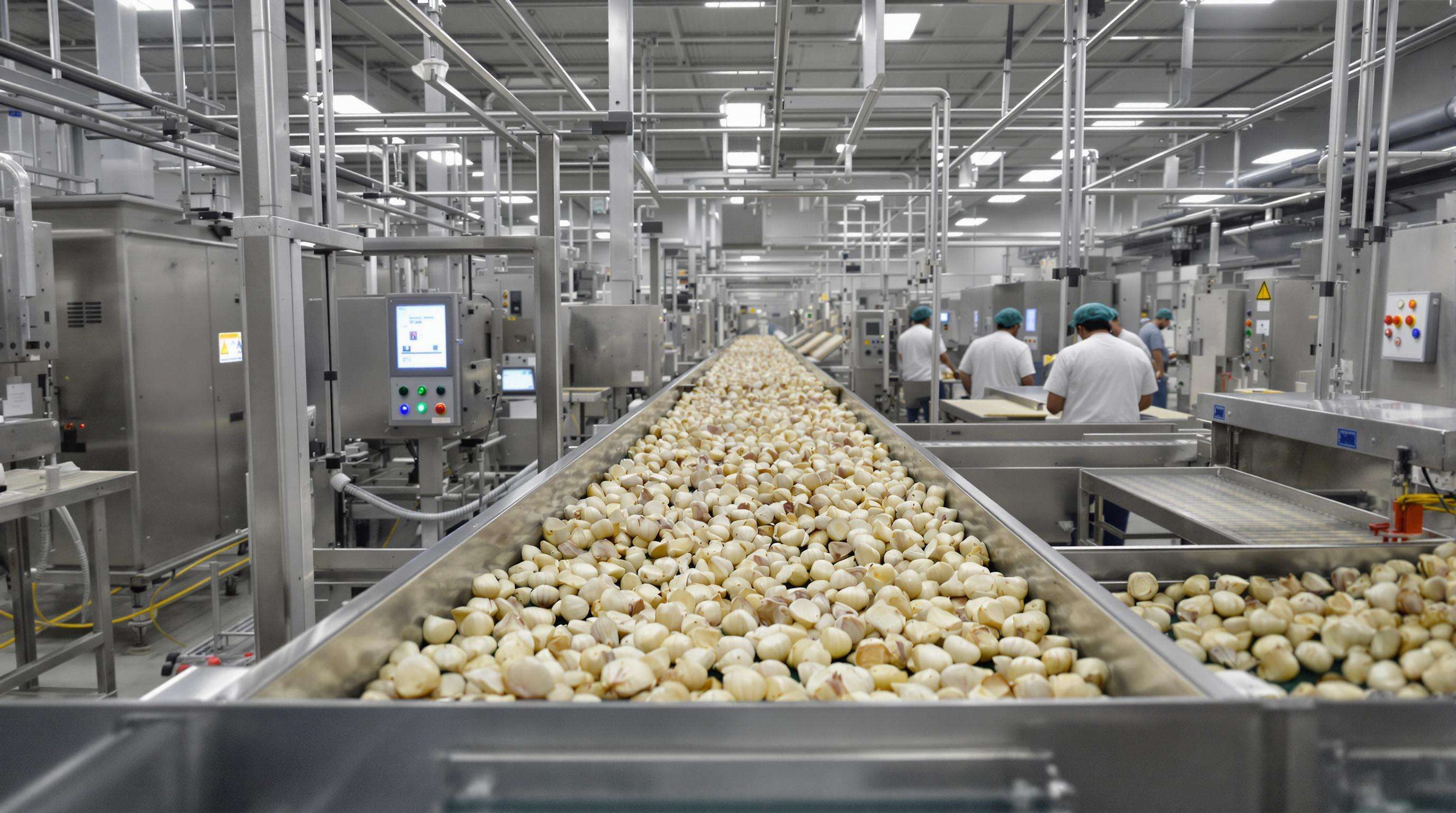Automated garlic peeling machines operating in a modern processing facility with visible conveyor systems