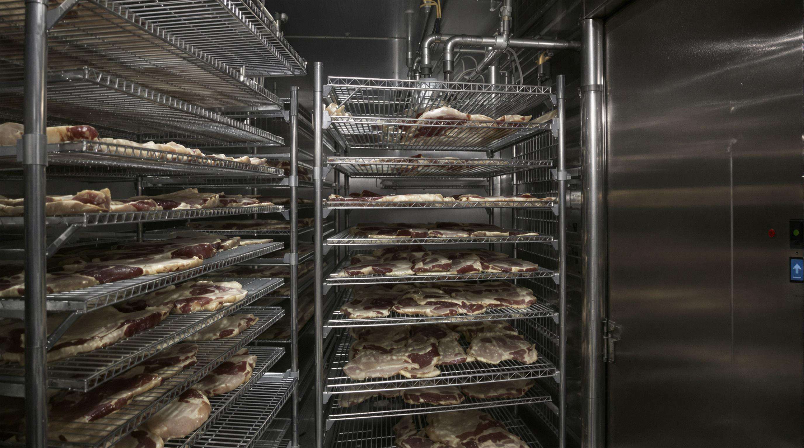 Photorealistic view of a meat drying facility with racks of meat and visible humidity sensors controlling the environment