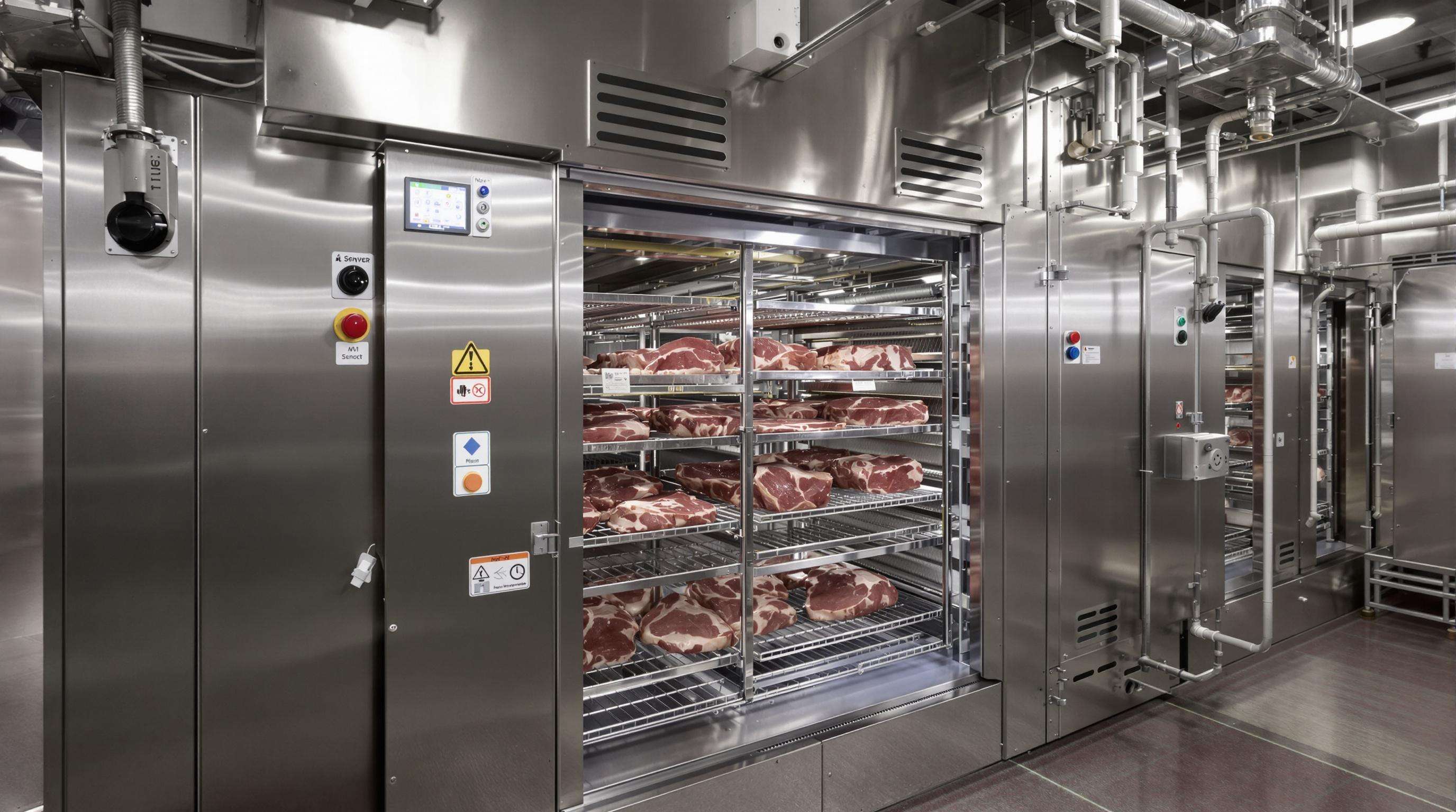 Photorealistic image of a commercial meat dryer chamber with smart sensors and evenly spaced meat cuts, ventilation ducts, and heating elements