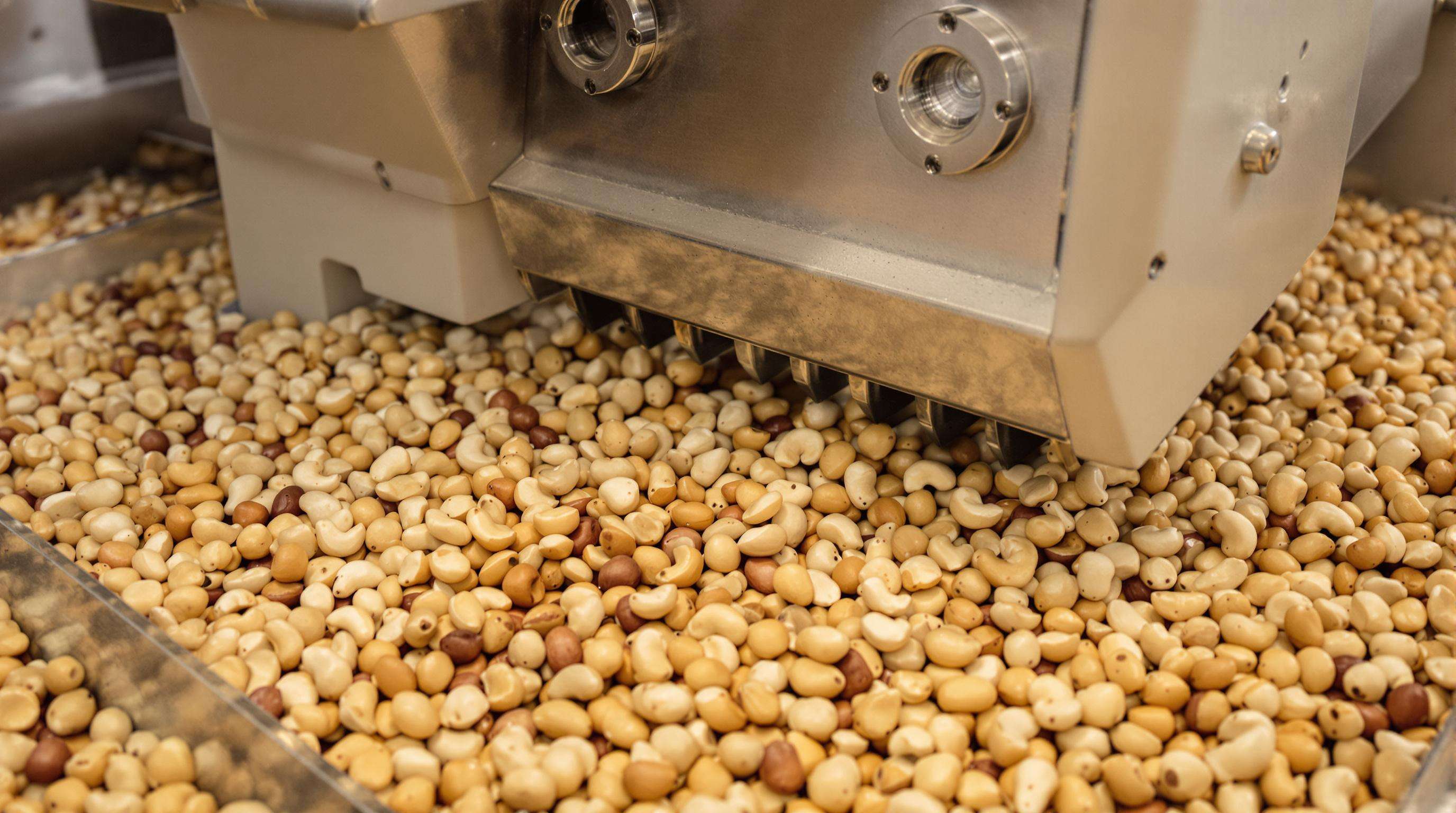 Close-up view of cashew nut shelling machine with operator and mixed-size cashews on conveyor
