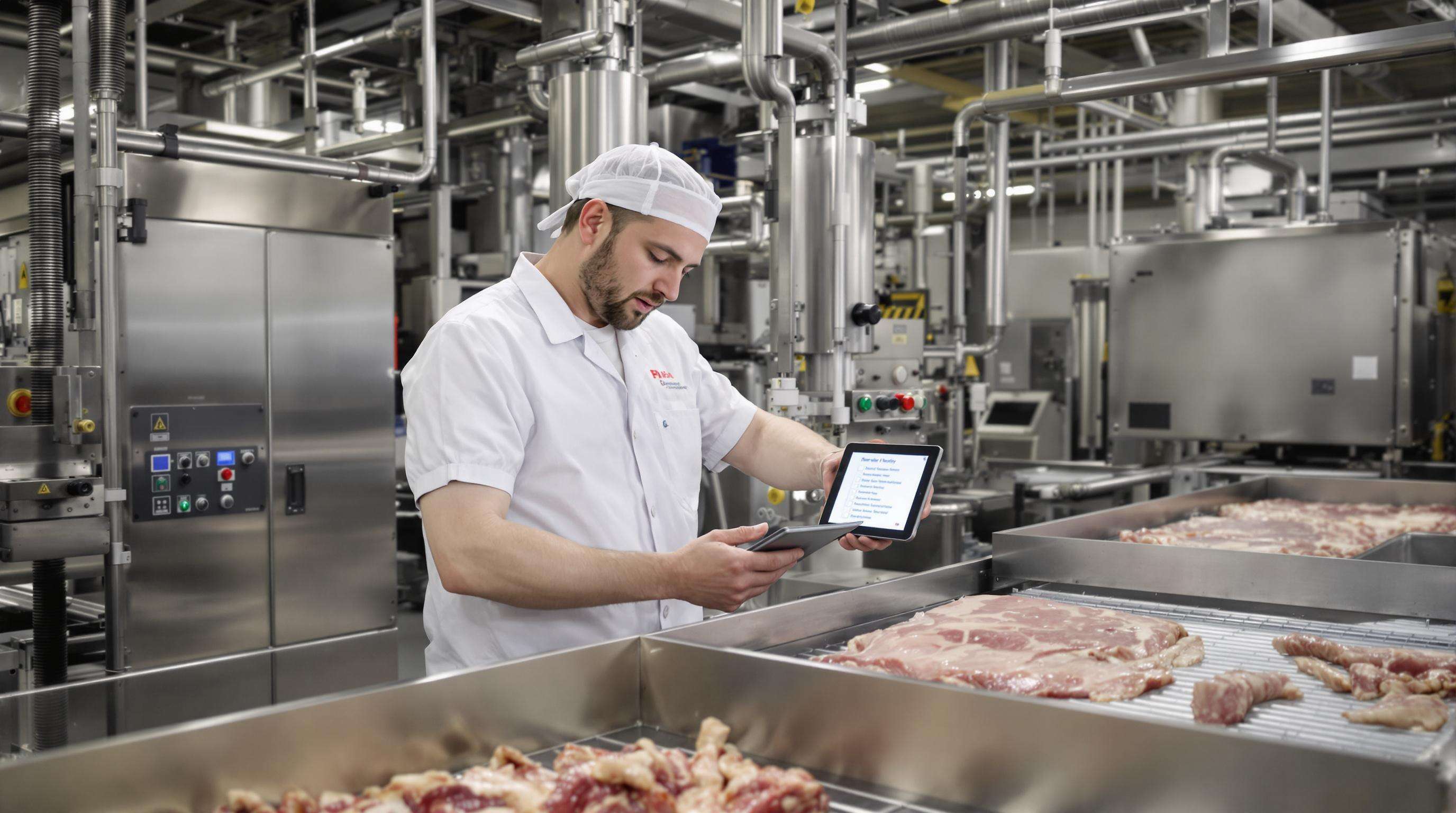 Technician performing preventive maintenance inspection on meat processing machinery in a factory