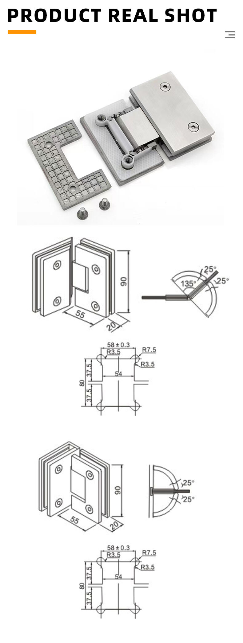 180 Degree Stainless Steel Glass to Glass Shower Door Hinge for Bathroom Door factory