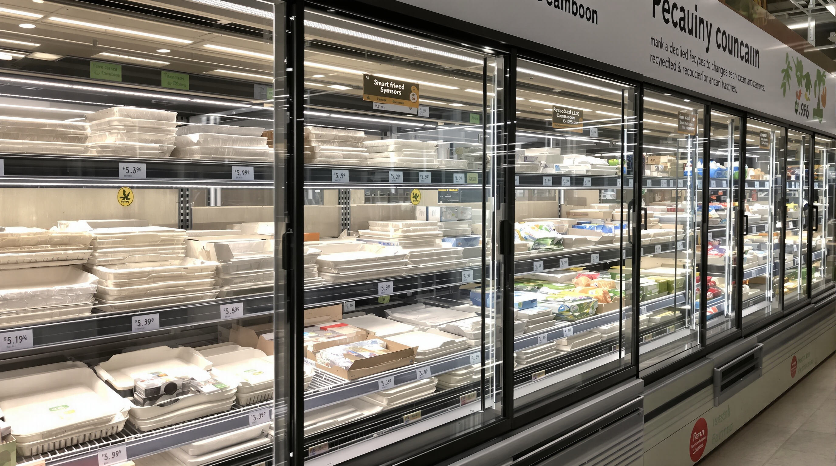 Energy-efficient supermarket refrigerator with LED lighting, smart sensors, and sustainable eco-material trays