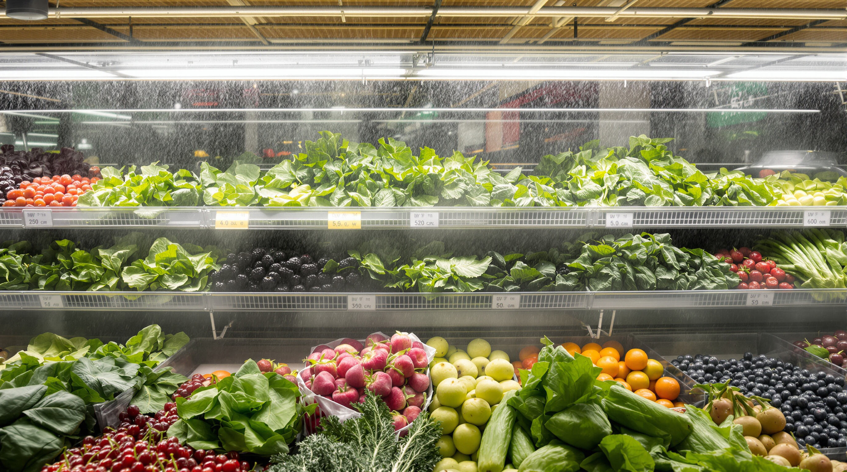 Supermarket produce section with misting system and automated sensors keeping fruits and vegetables fresh
