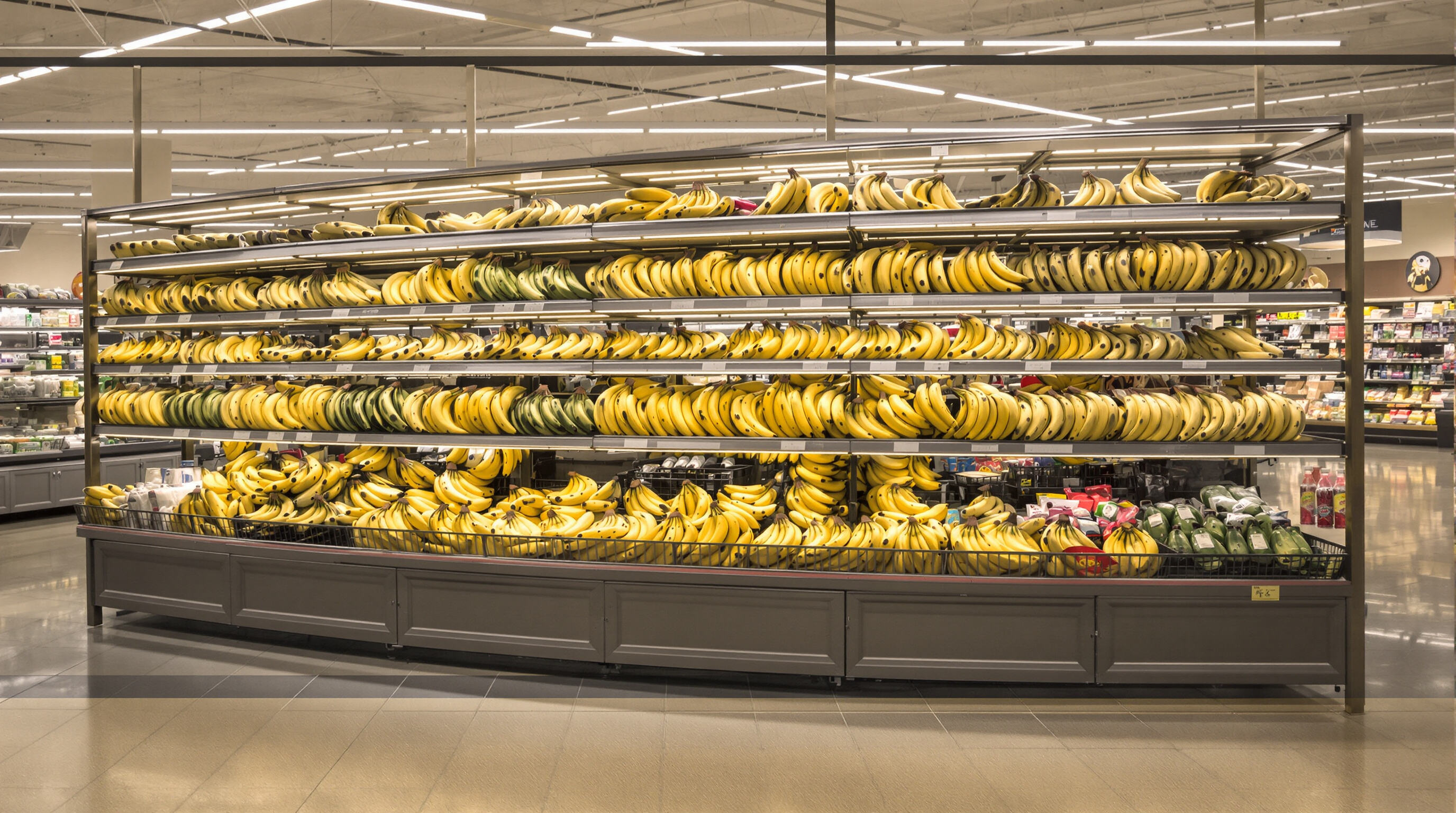 Photorealistic image of a modern customizable banana stand in a supermarket, showing tiered shelves and bananas sorted by ripeness.