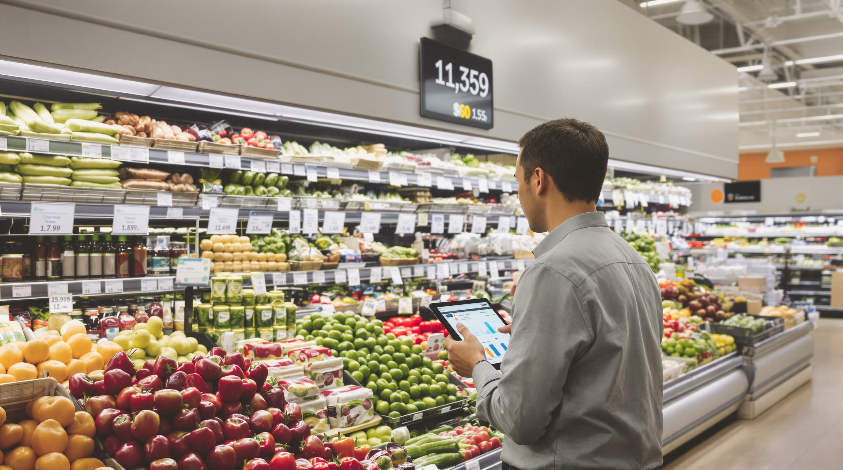 Grocery store manager using a tablet with data charts in a modern produce section featuring inventory sensors