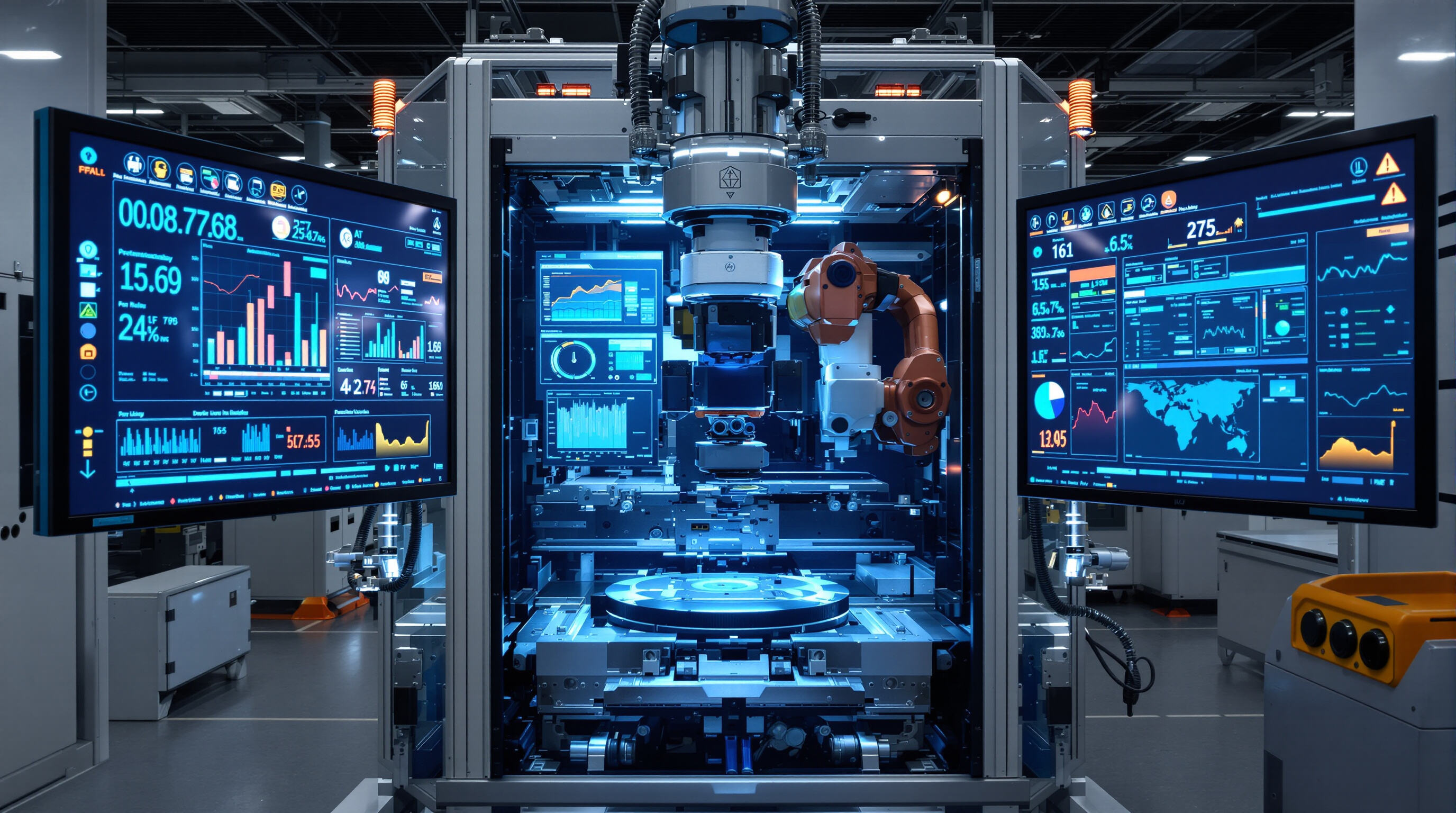 Advanced SMT machine with active sensors and digital analytics displays, showing AI-driven automation on a factory production floor