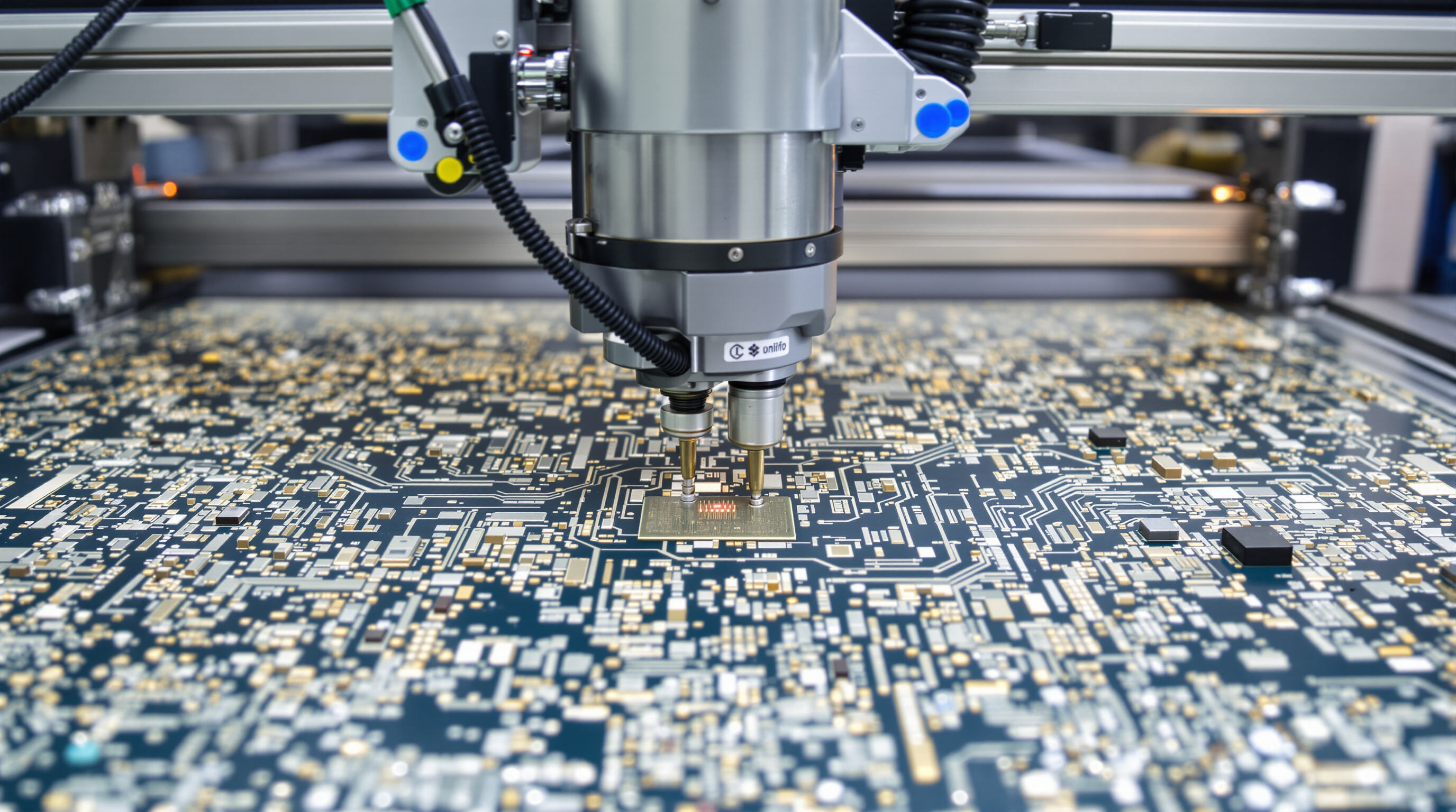 Modern SMT placement machine precisely placing components on a complex circuit board