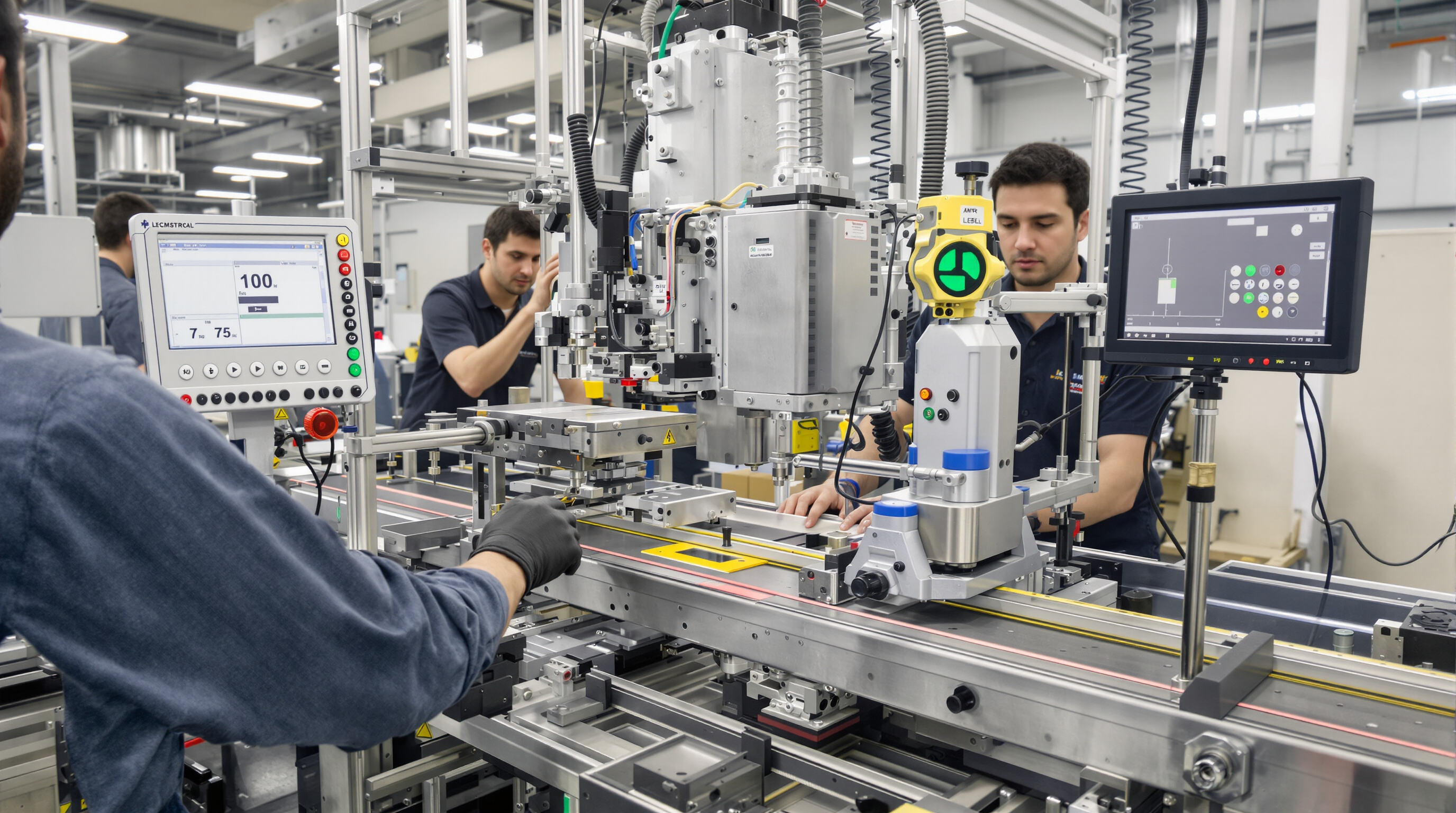 Technicians calibrating an SMT machine using laser-guided tools and aligning feeders in a production environment