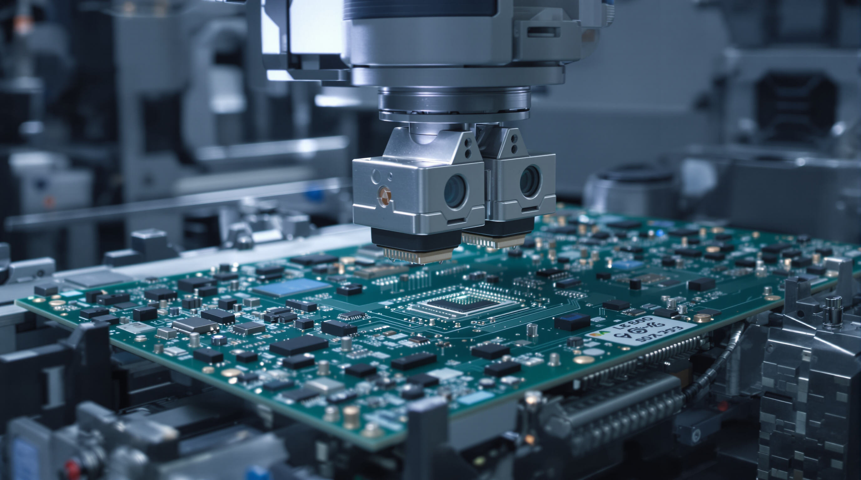 Photorealistic close-up of an SMT pick and place machine using dual high-res cameras and sensors to inspect a PCB during automated component placement in a muted-toned factory environment.