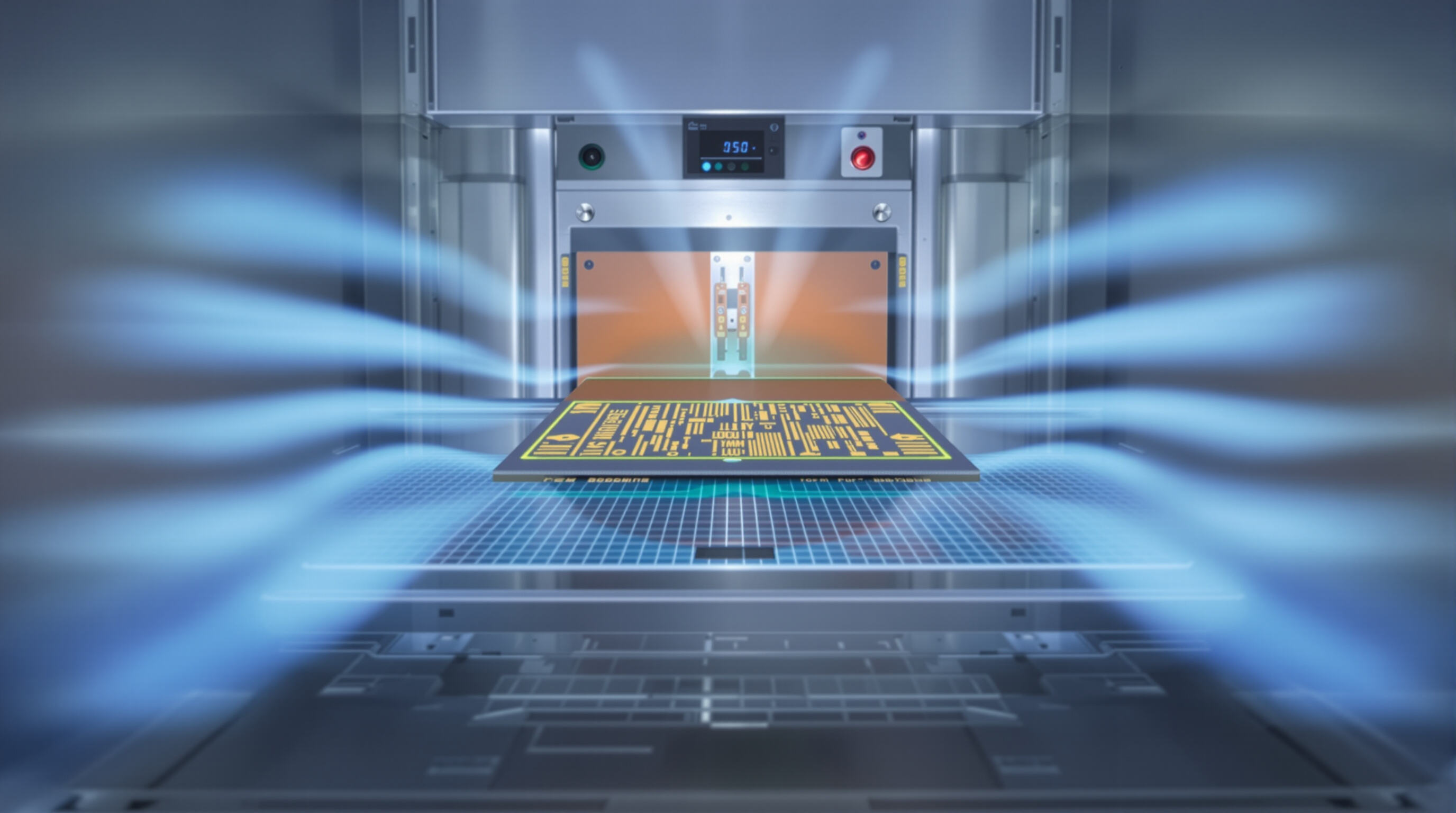 Printed circuit board traveling through a multi-zone SMT reflow oven, illustrating temperature control