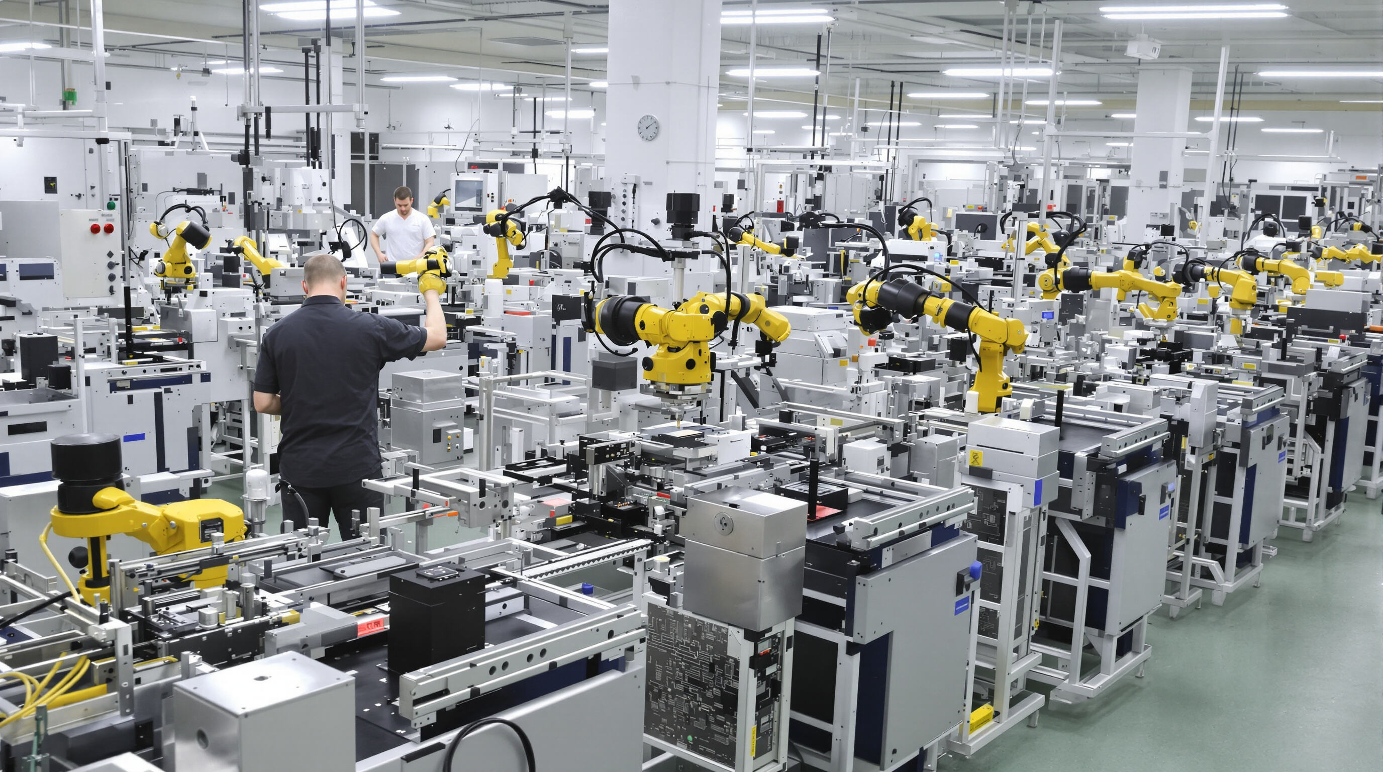 Photo of an automated electronics factory with SMT pick and place machines assembling circuit boards efficiently.