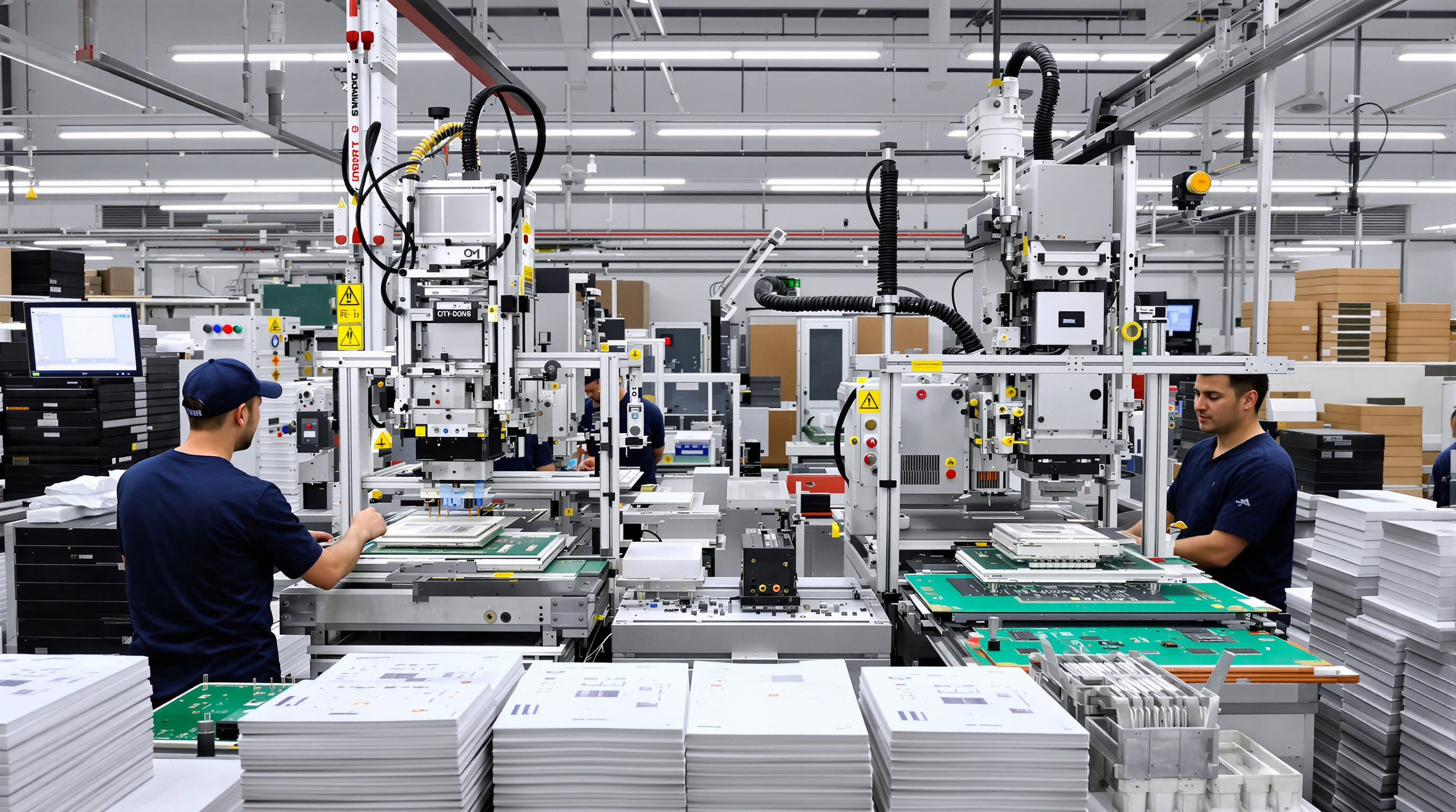 SMT factory line featuring fast chip shooter and slow odd-form machine handling different electronic components.