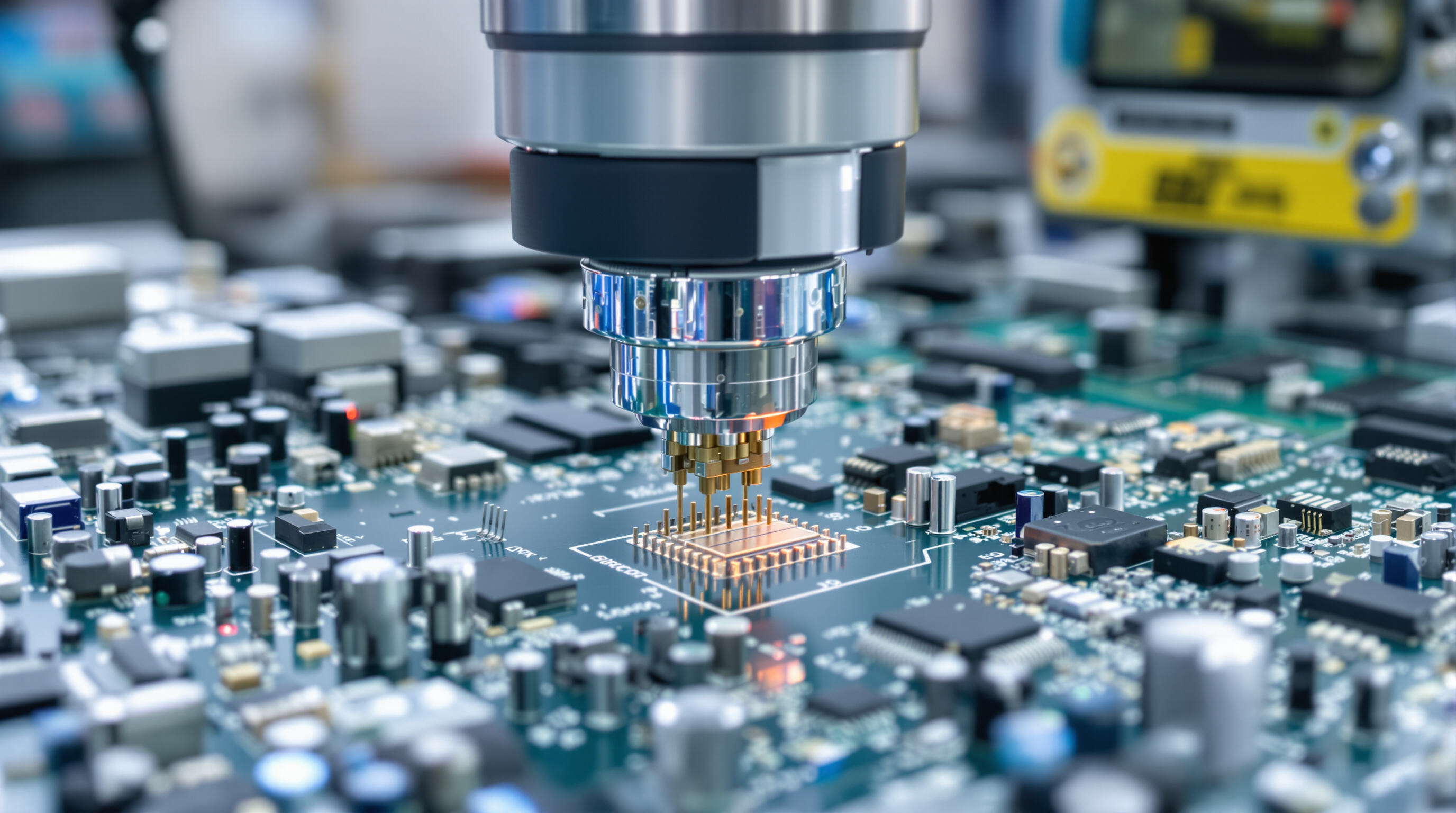 Close-up photo of an advanced SMT pick and place machine precisely assembling tiny electronic components onto a circuit board.