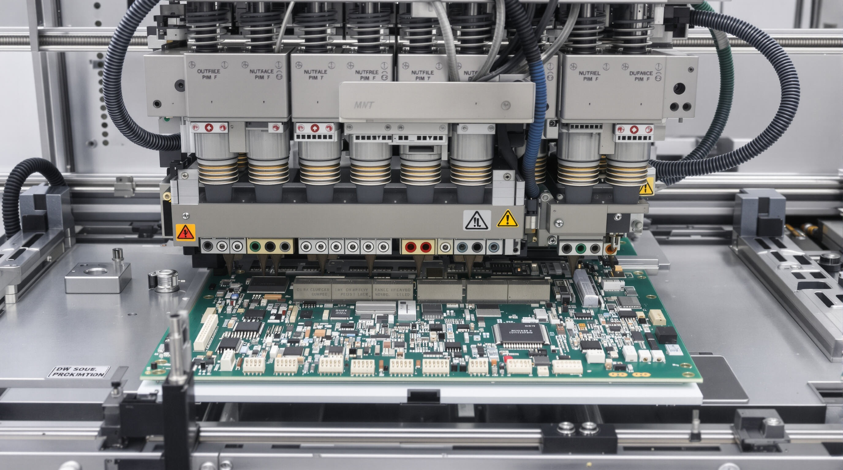 Photorealistic SMT pick and place machine using different feeders and nozzle types to place both miniature and large components on a PCB, showing flexible component handling in a muted workshop environment.