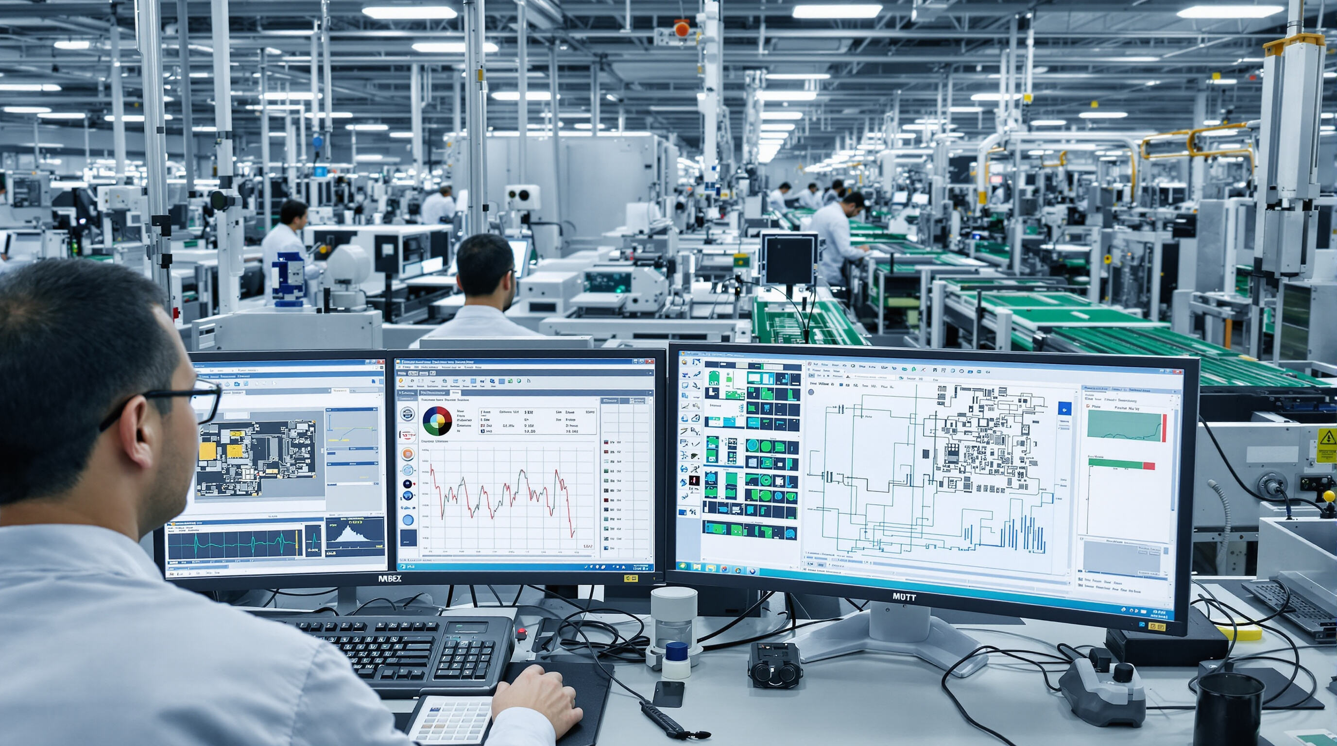 Factory engineers analyzing process data on computer monitors to improve SMT production quality
