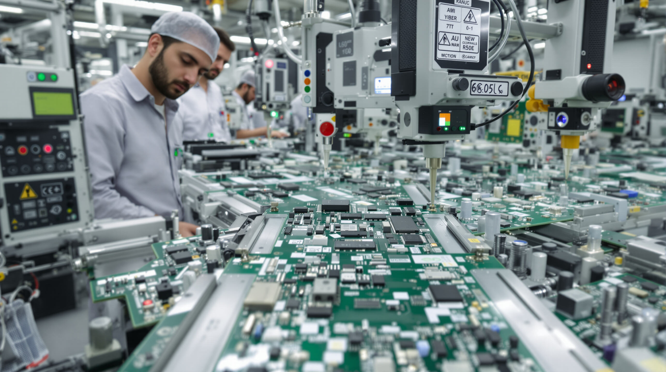 Technicians on a car electronics assembly line monitoring tagged PCB components for traceability