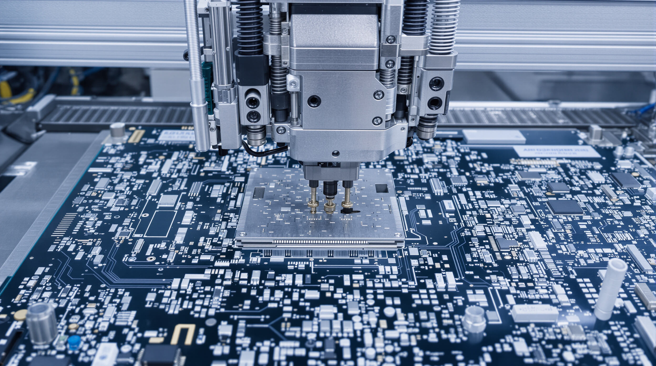 High-performance SMT pick and place machine placing tiny components on a circuit board using advanced sensors
