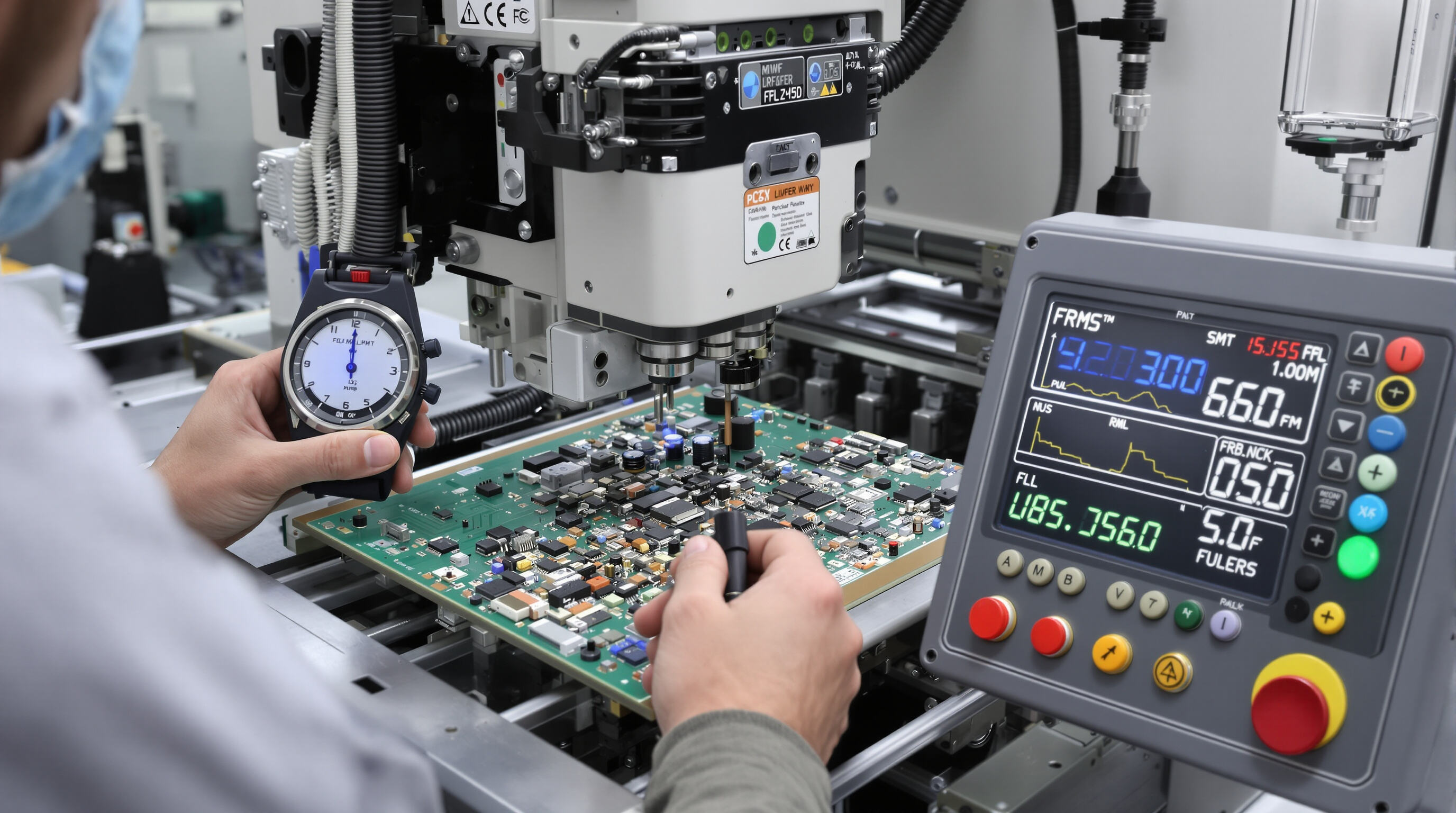 Technician measuring SMT machine speed as it handles mixed electronic components with control panel displaying actual performance.