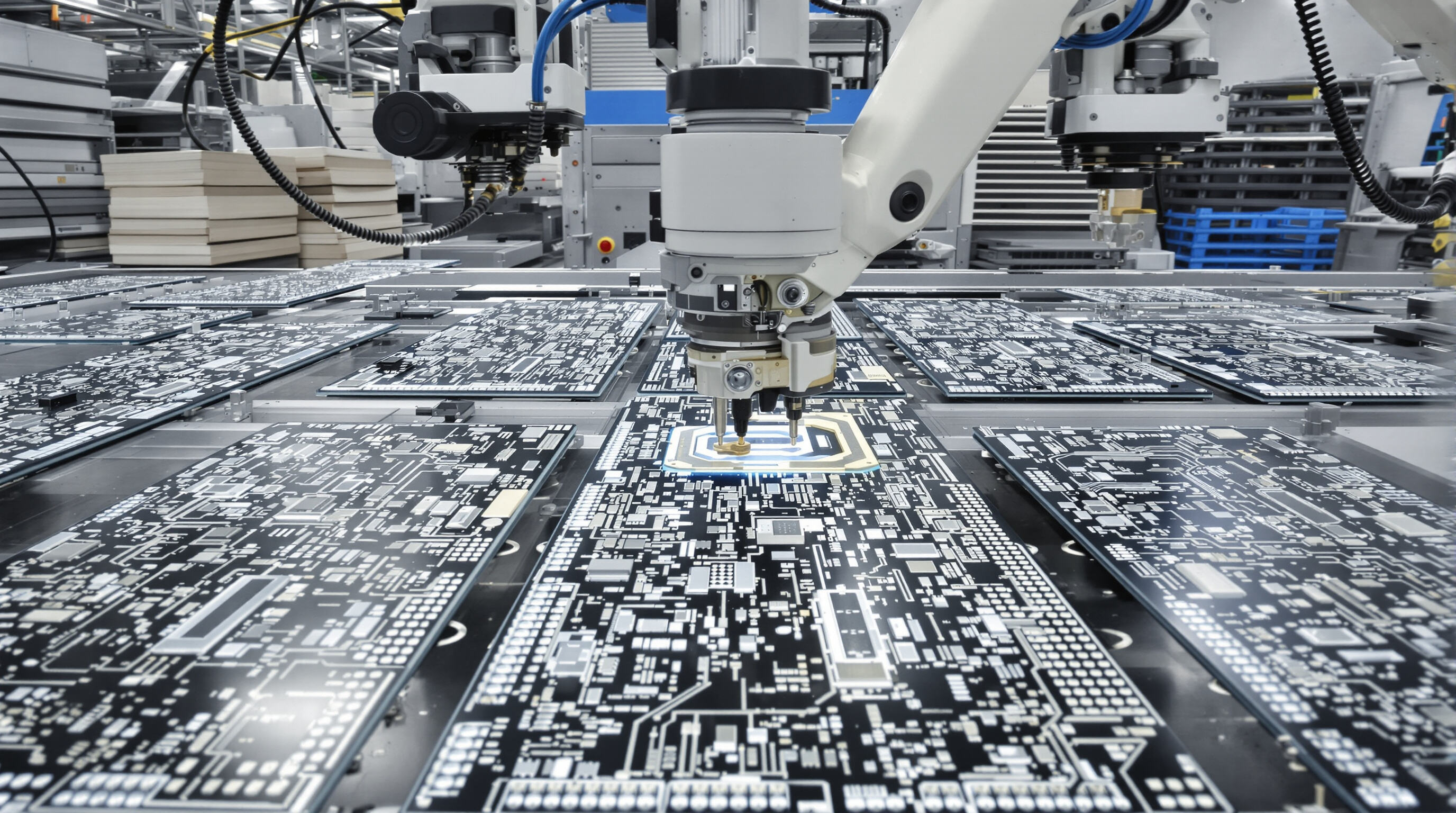 Automated SMT placement machines working at high speed on an electronics factory line