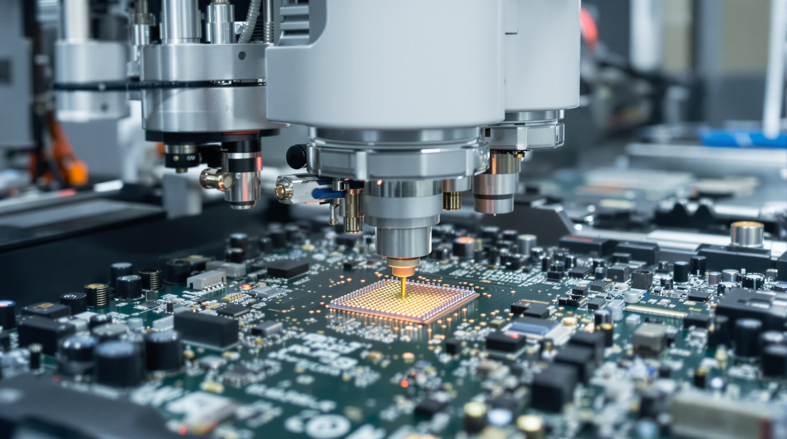 Photorealistic close-up of an SMT pick and place machine placing electronic components with precise robotic arms.