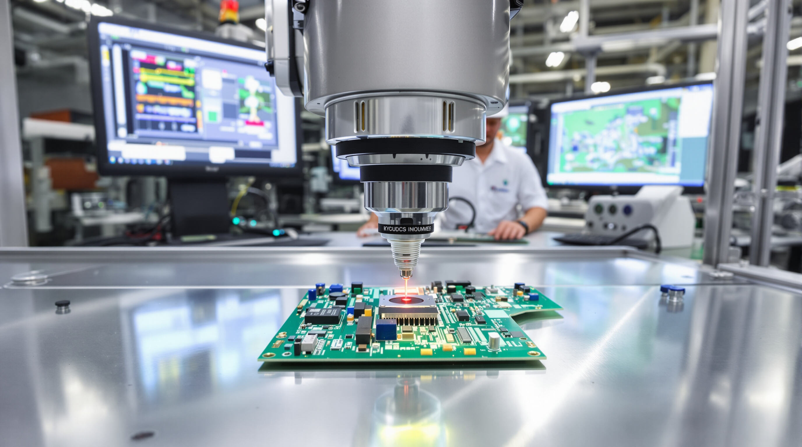 Photorealistic image of an AOI system inspecting circuit boards under bright inspection lamps and high-resolution camera.