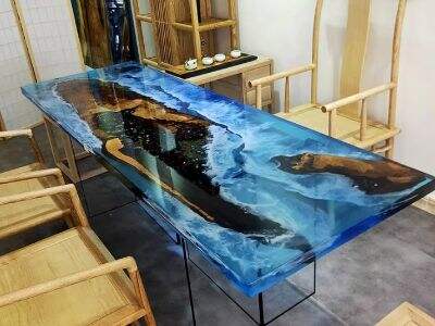 Tables à motif d'onde océanique avec sable véritable : couches texturales en résine artistique