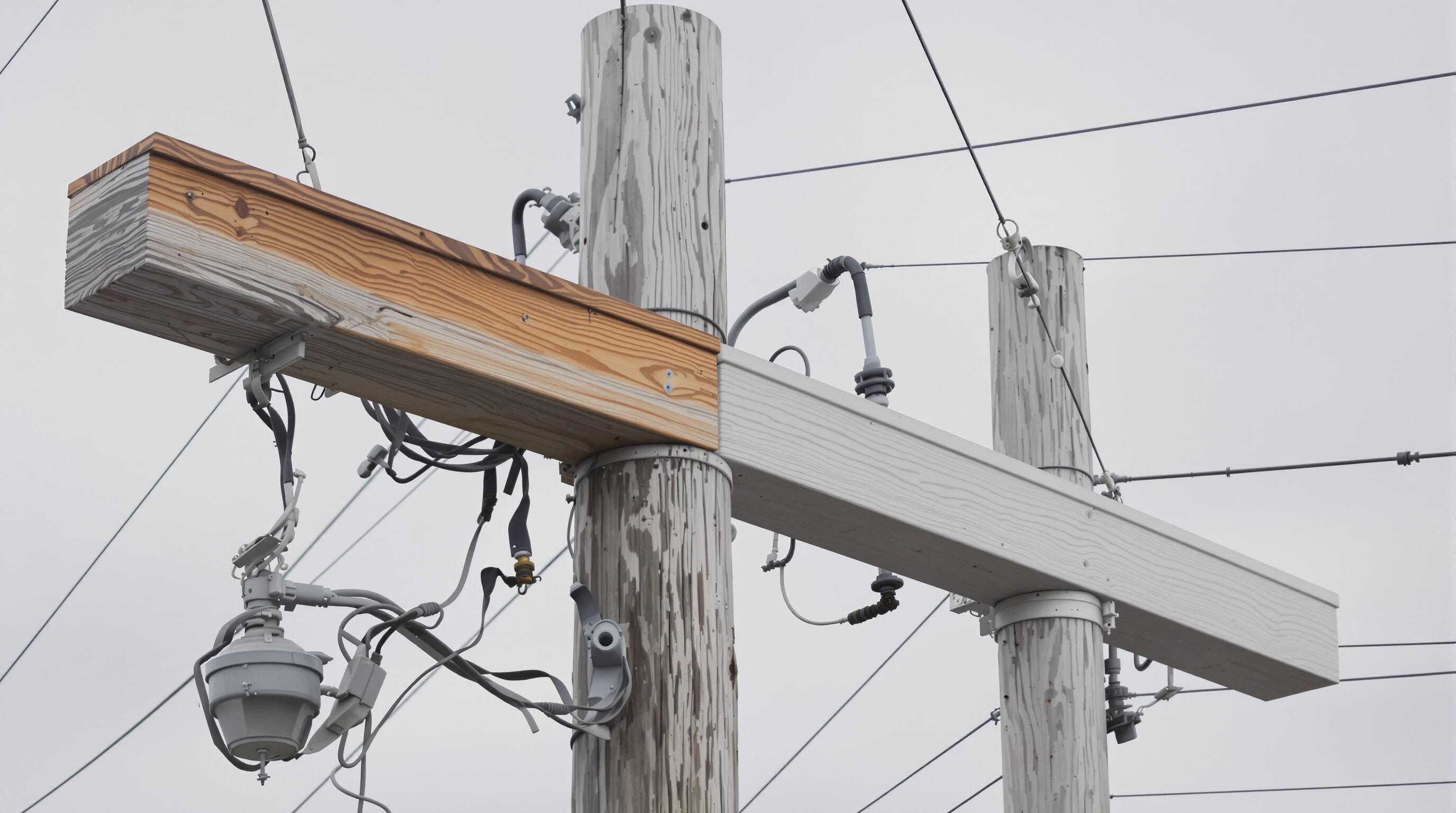 Close-up of wood and fiberglass composite crossarms on utility poles with muted cloudy background