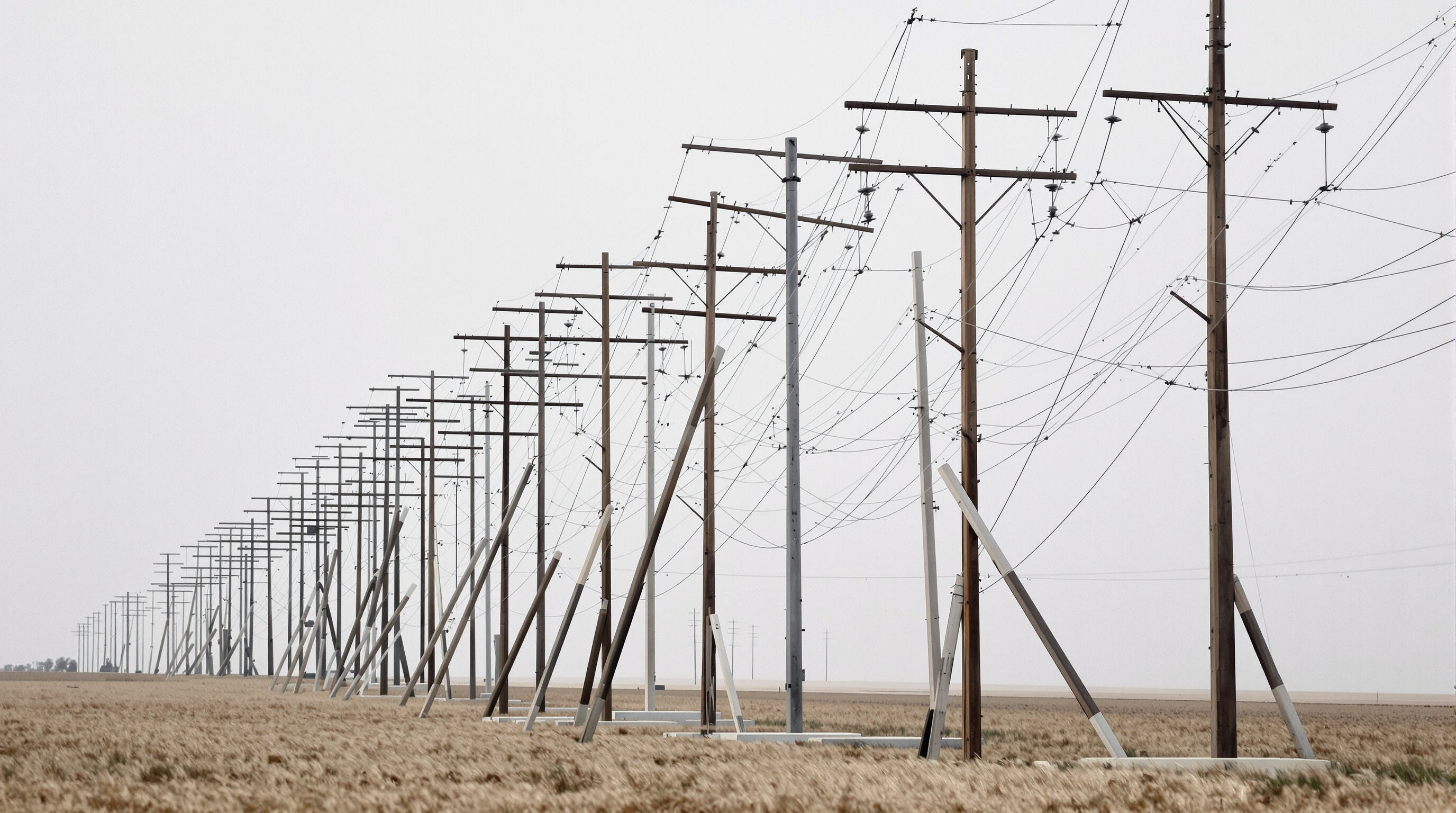 Utility poles in rural area, some leaning and bending under heavy electrical circuit loads