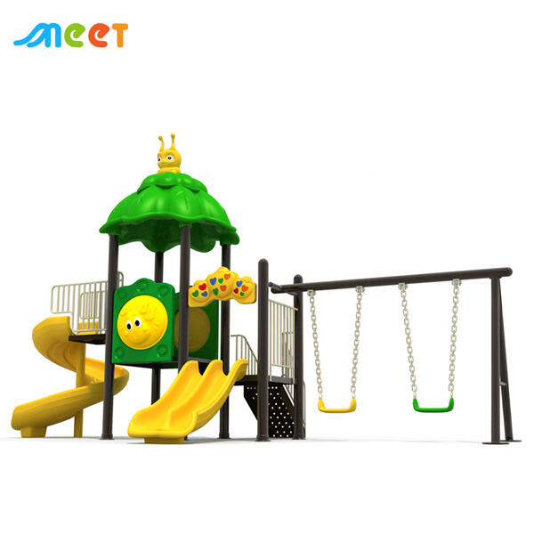 Watch your children playing in a metal swing set and have fun