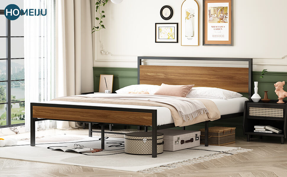 Modern Queen Size Bed Wood Headboard Footboard 1000 Lbs Capacity Steel Platform Base 84\" L X 63\" W Mattress for Bedroom Hotel manufacture