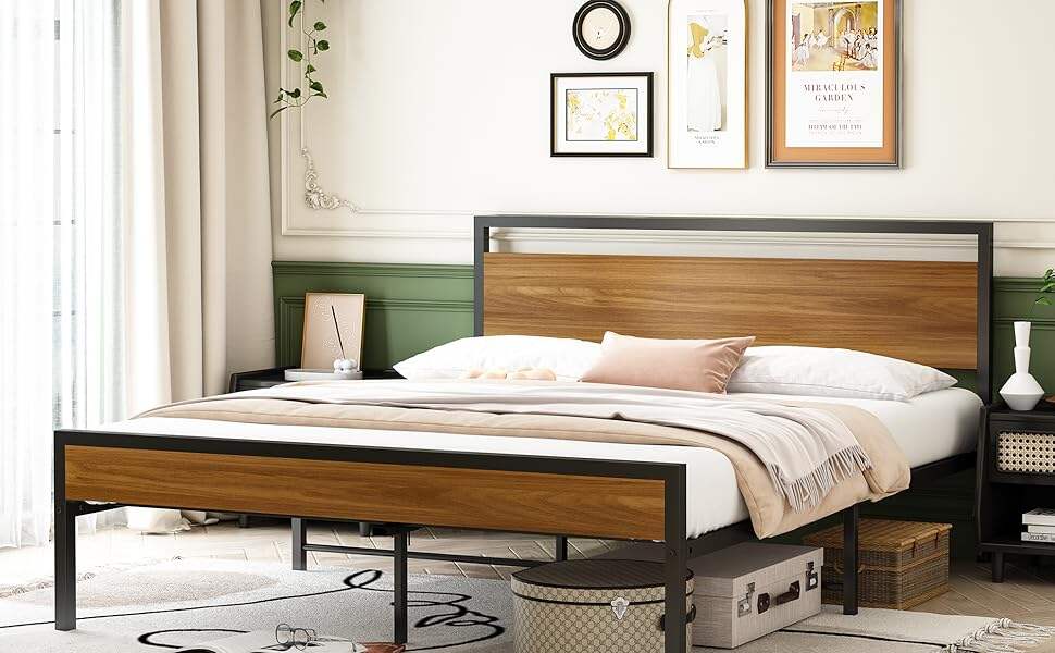 Heavy Duty Full-Size Metal Slats Platform Bed Frame Wooden Headboard Footboard Modern Durable for Hotel Bedroom Use Box Spring factory