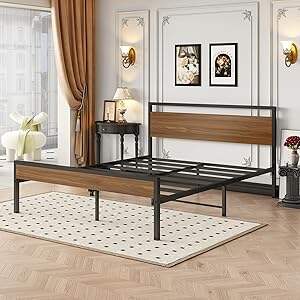 Heavy Duty Full-Size Metal Slats Platform Bed Frame Wooden Headboard Footboard Modern Durable for Hotel Bedroom Use Box Spring supplier