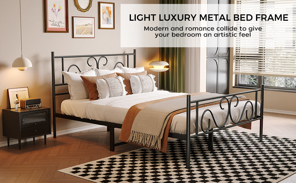 Modern Durable Heavy Duty Metal Platform Bed Frame Wooden Headboard Footboard Full Size No Box Spring Needed Safe for Hotel factory