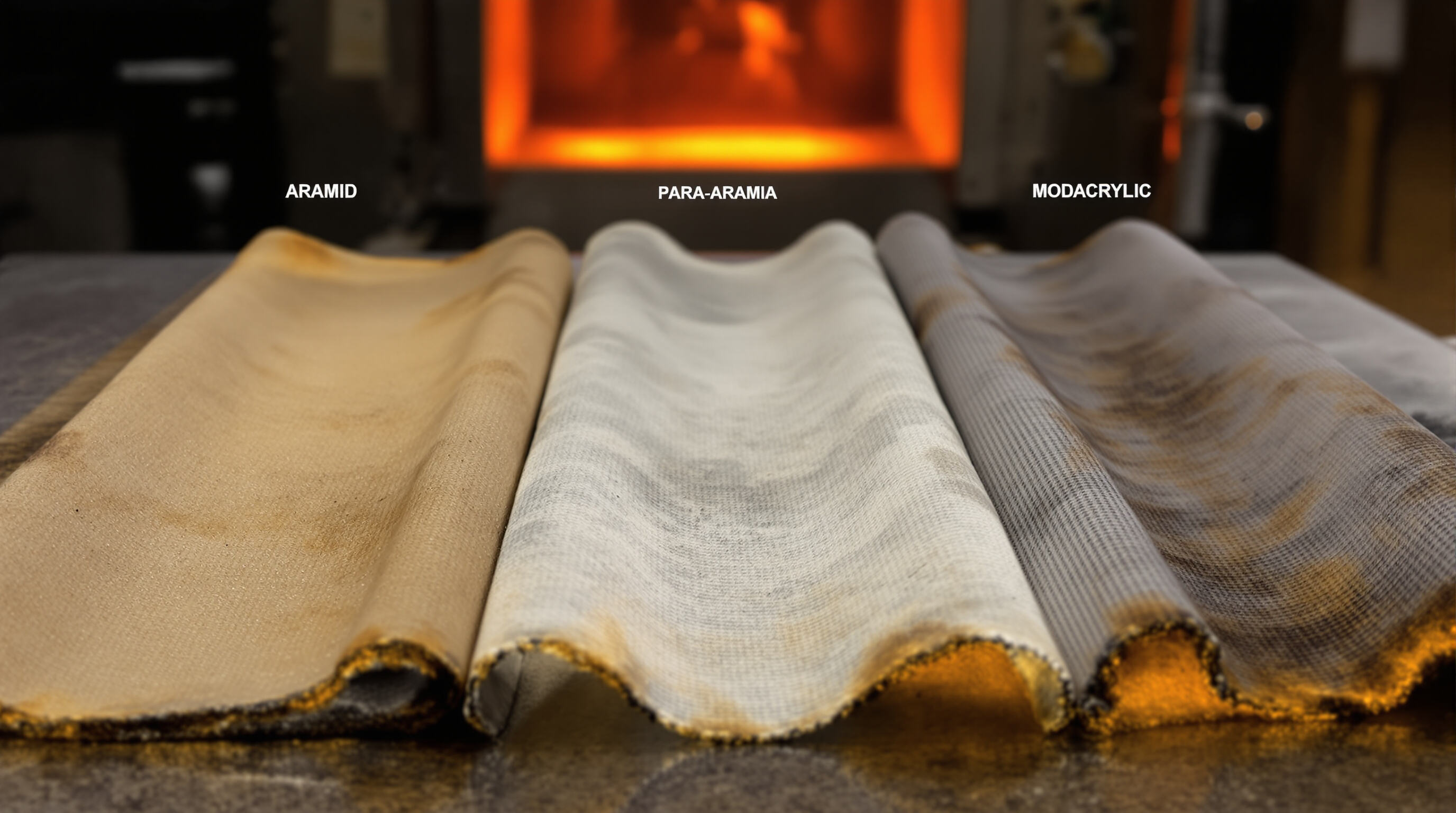Three charred flame-resistant fabric samples on a lab table near an industrial furnace