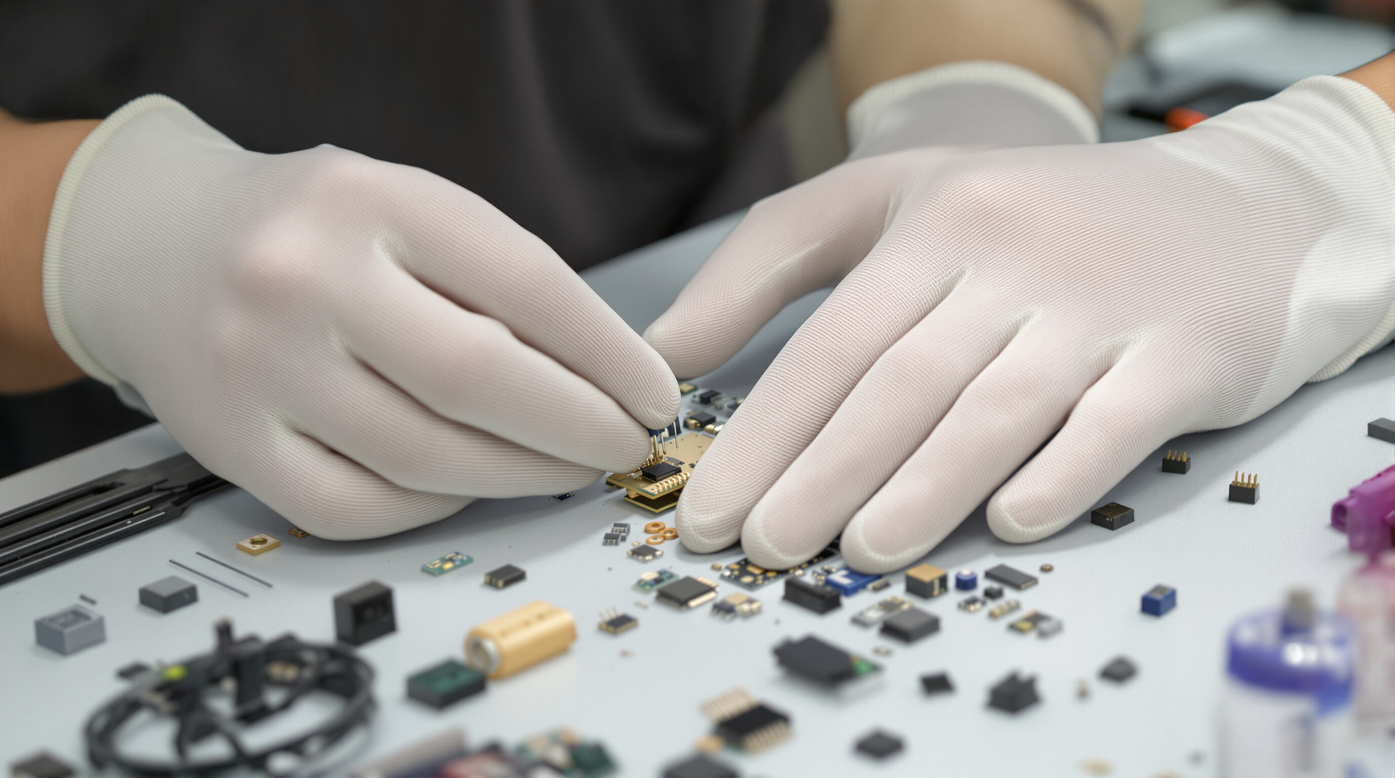 Worker wearing thin cut-resistant glove handling small components to show glove flexibility and dexterity