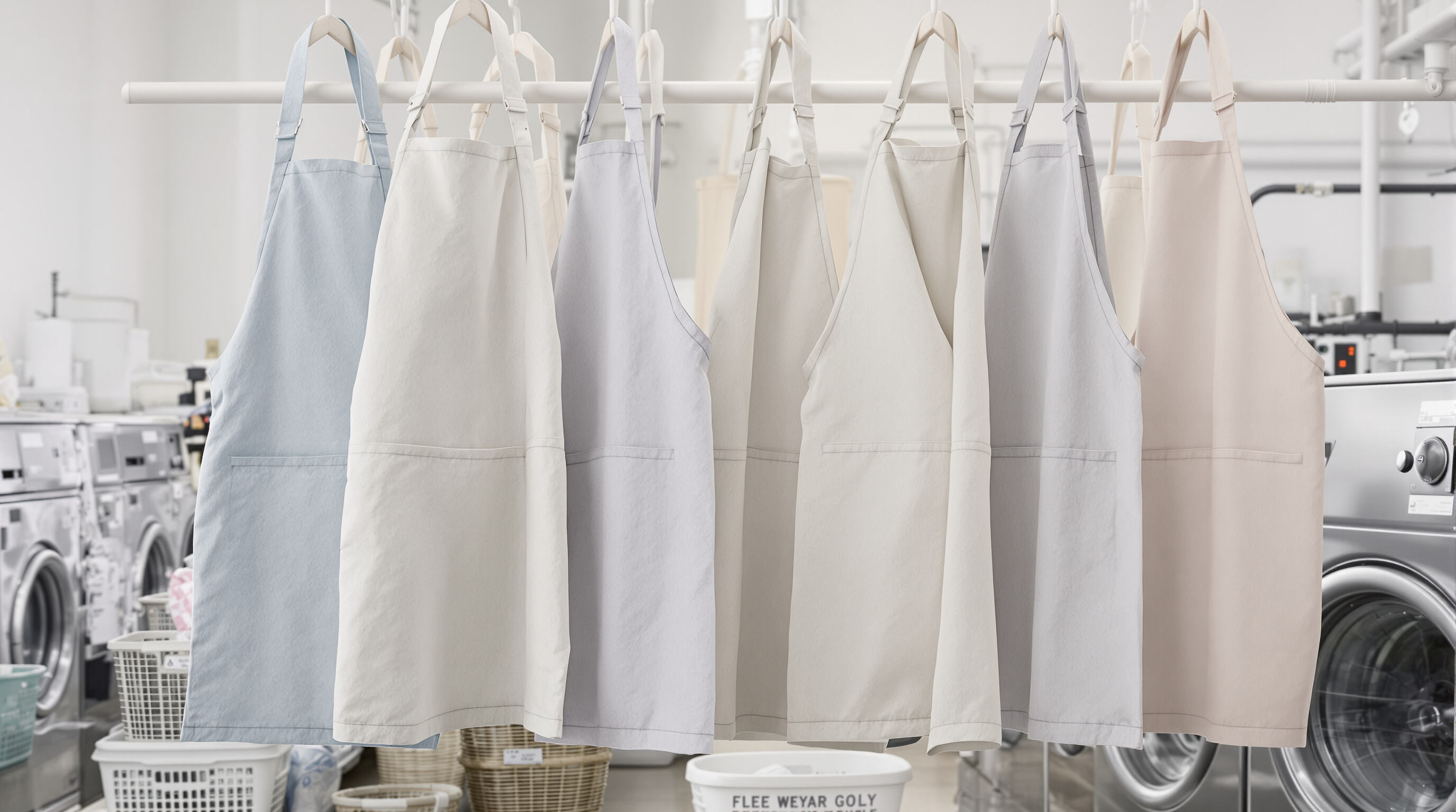 Fresh modacrylic aprons hanging after industrial washing, showing durable fabric and stitching in a laundry setting.