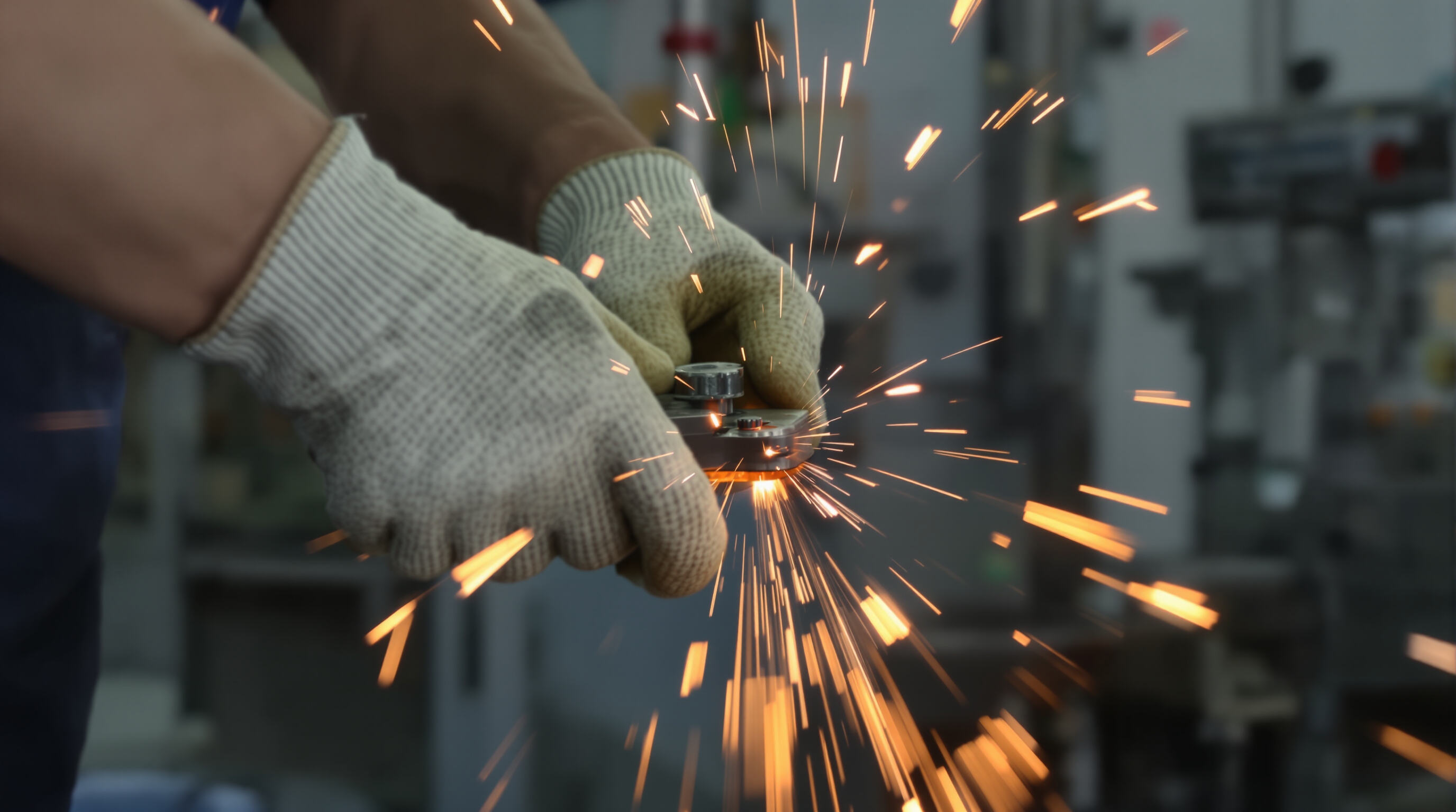 Worker's Kevlar-gloved hands safely holding hot metal with flying sparks in a muted industrial setting