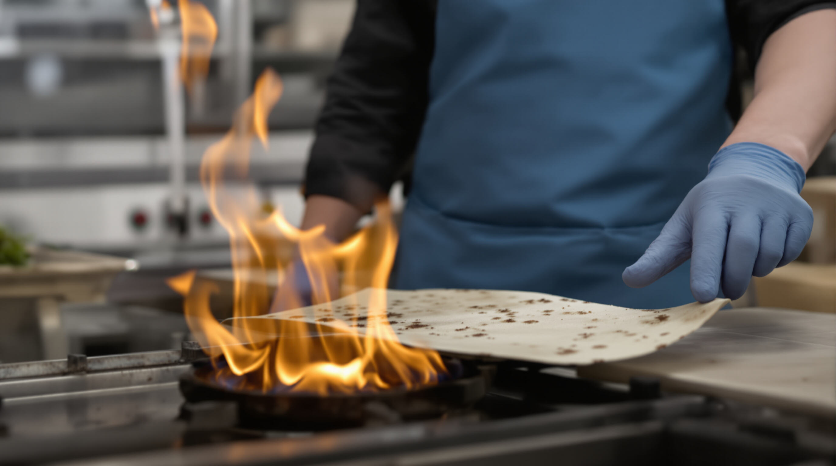 Worker in an industrial kitchen wearing a modacrylic apron near an open flame, with the apron visibly resisting fire.
