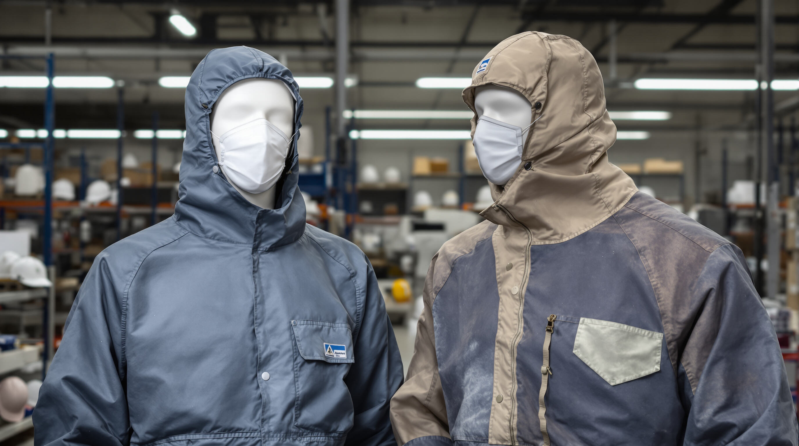 Mannequins in aramid and modacrylic workwear showing new versus worn condition in a warehouse