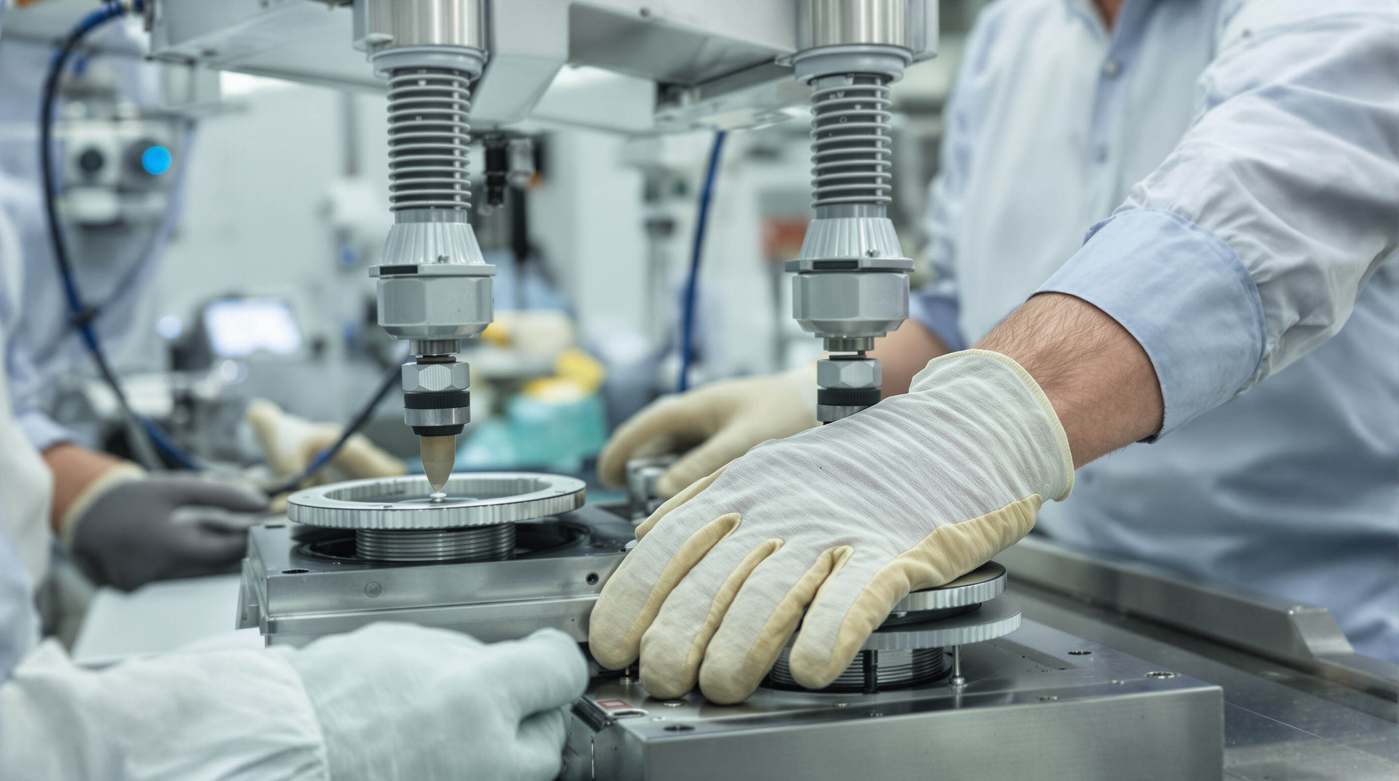 Workers testing cut resistance of gloves with machines and blades in a lab setting